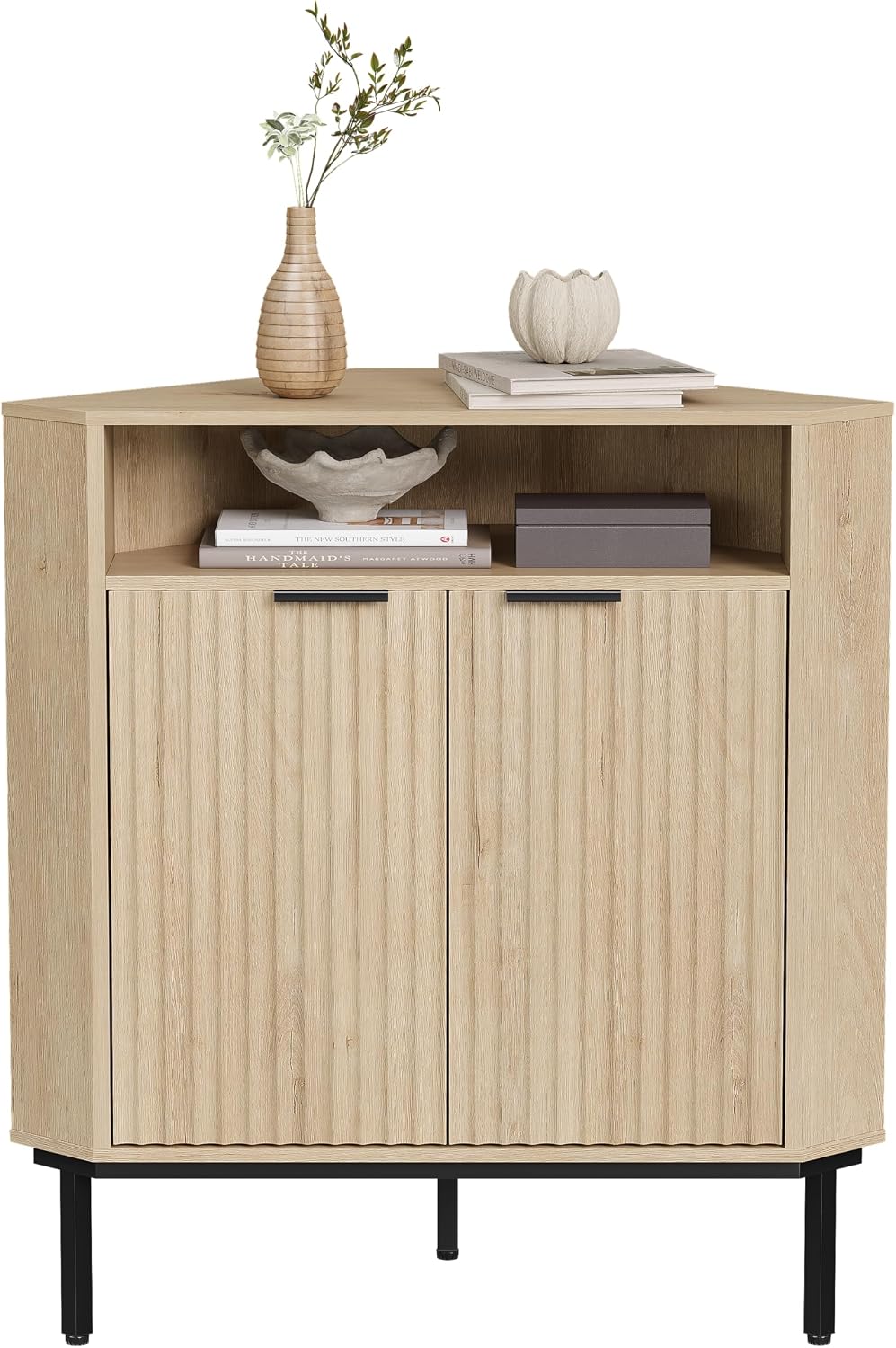 EYYTHUNG Fluted Corner Cabinet, Modern Small Corner Floor Cabinet with 2 Doors & Adjustable Shelf, Wooden Freestanding Narrow Storage Organizer for Small Space,Living Room, Dining Room, Light Oak