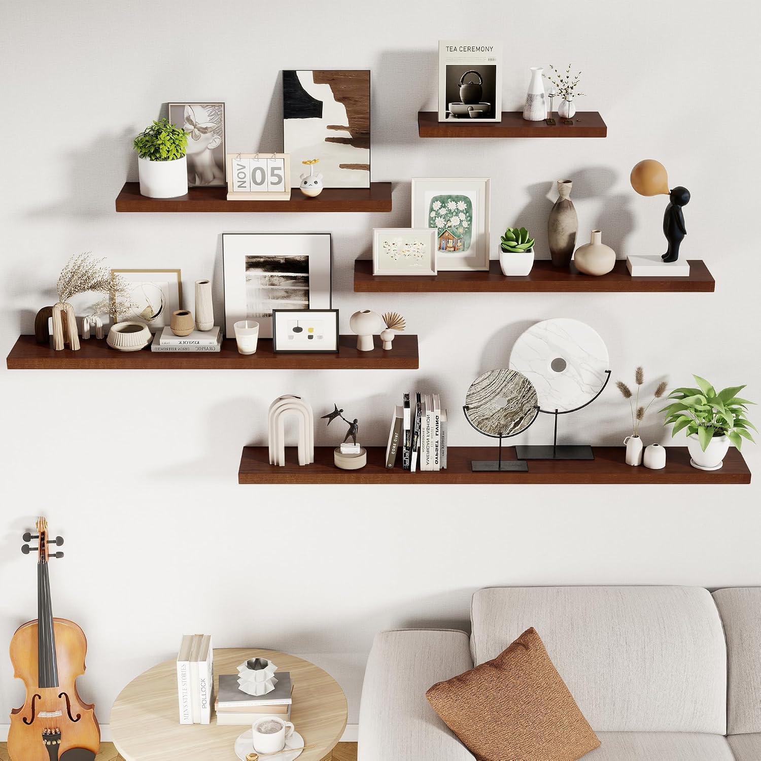 RICHFOCUS Floating Shelves for Wall 55 Inch Solid USA-Sourced Oak Wooden Shelves for Bathroom Kitchen 9' Deep Modern Wood Shelf with Heavy-Duty Bracket for Wall Mounted, Walnut Finish