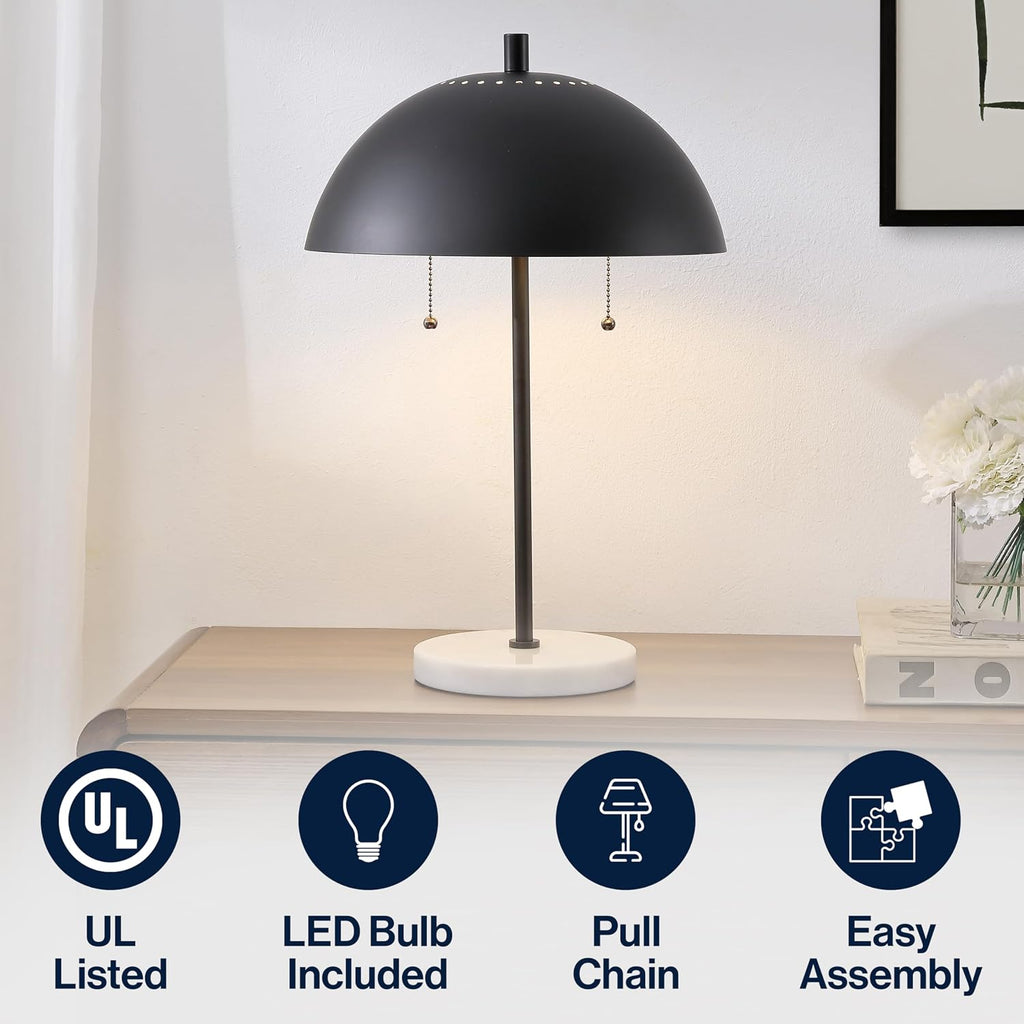 JONATHAN Y 20.7' Black/White Marble 2-Light LED Table Lamp for Modern Bedside Decor, Glam Desk Lamp, Gold Metal Dome Shade, Pull Chain Switch, Bulbs Included (JYL1071B)