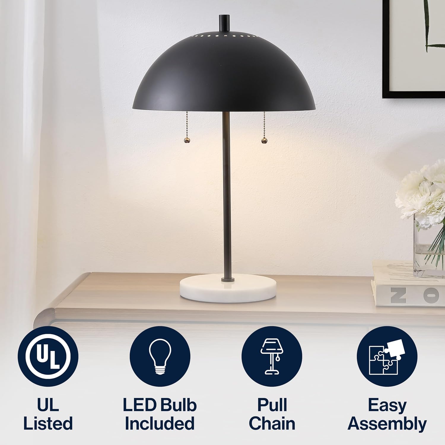 JONATHAN Y 20.7' Black/White Marble 2-Light LED Table Lamp for Modern Bedside Decor, Glam Desk Lamp, Gold Metal Dome Shade, Pull Chain Switch, Bulbs Included (JYL1071B)