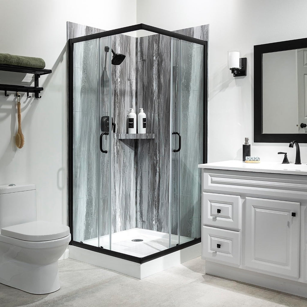 Palisade Vinyl Corner Shower Surround Kit 78in x 36in x 36in, Urban Cliff | Waterproof PVC wall panels, grout-free design, bathroom renovation, coordinating trim, shelves, adhesive and sealant included