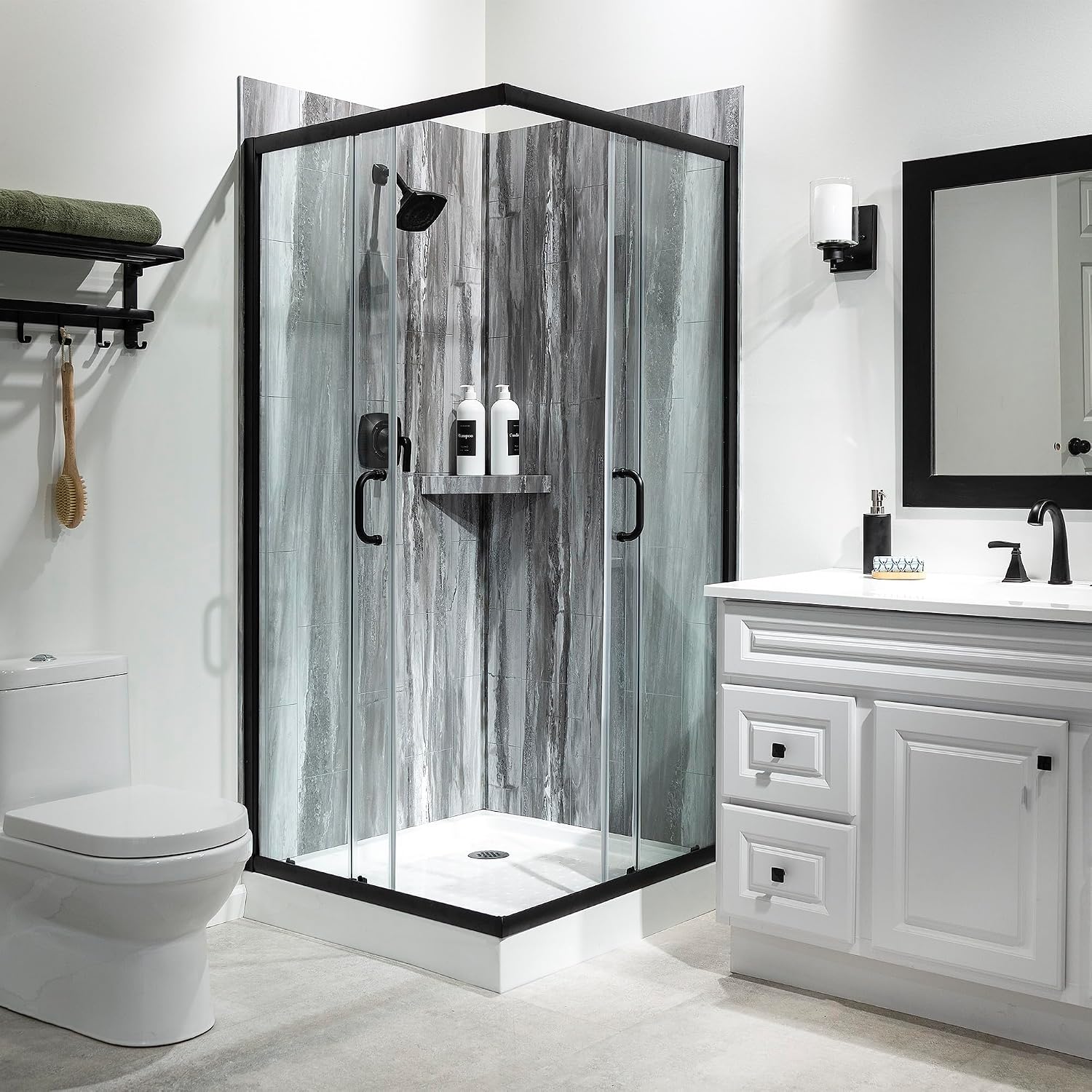 Palisade Vinyl Corner Shower Surround Kit 78in x 36in x 36in, Urban Cliff | Waterproof PVC wall panels, grout-free design, bathroom renovation, coordinating trim, shelves, adhesive and sealant included