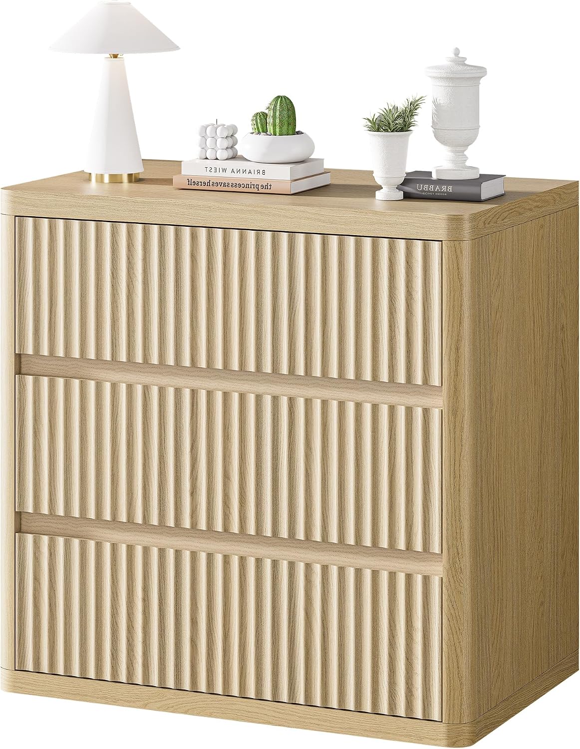 Fluted Nightstand with 3 Drawers, Wood Night Stand with Storage, 25' Wide Side Table, Modern Bedside Table for Bedroom, End Table for Living Room, Handleless Design, Curved Profile, Natural Oak 1PC