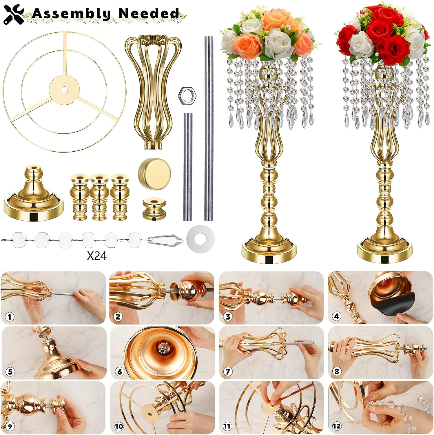Didaey 16 Pcs Wedding Centerpieces for Tables, Gold Silver Vase Centerpiece with Chandelier Crystal Metal Flower Stand, Tall Flower Vases for Wedding Party Home Decoration(Gold,21.3')