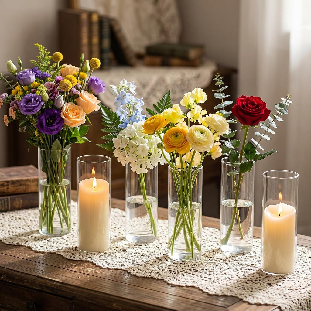 Mimorou 48 Pcs 8 Inch Tall Glass Vases Bulk Clear Cylinder Flower Vases Transparent Candle Holder Bulk Wedding Table Centerpieces Decoration for Banquet Dinners Party Event