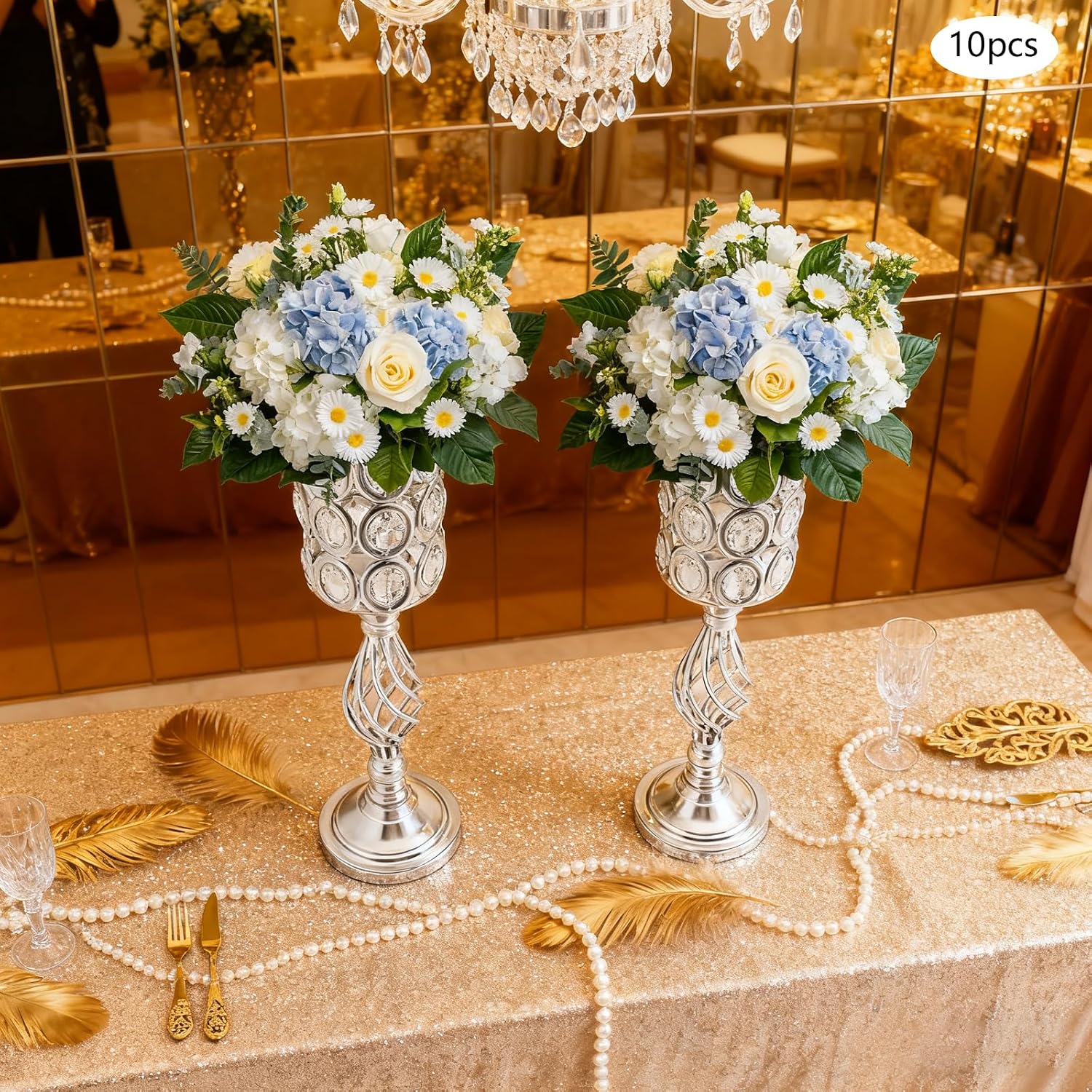 10PCS Wedding Flower Centerpieces for Tables, 61cm/24 Tall Crystal Wedding Decor Flower Stand Floral Display Rack Vases for Tables Wedding Dinner Party, Ceremony Birthday Event Decor (Silver)