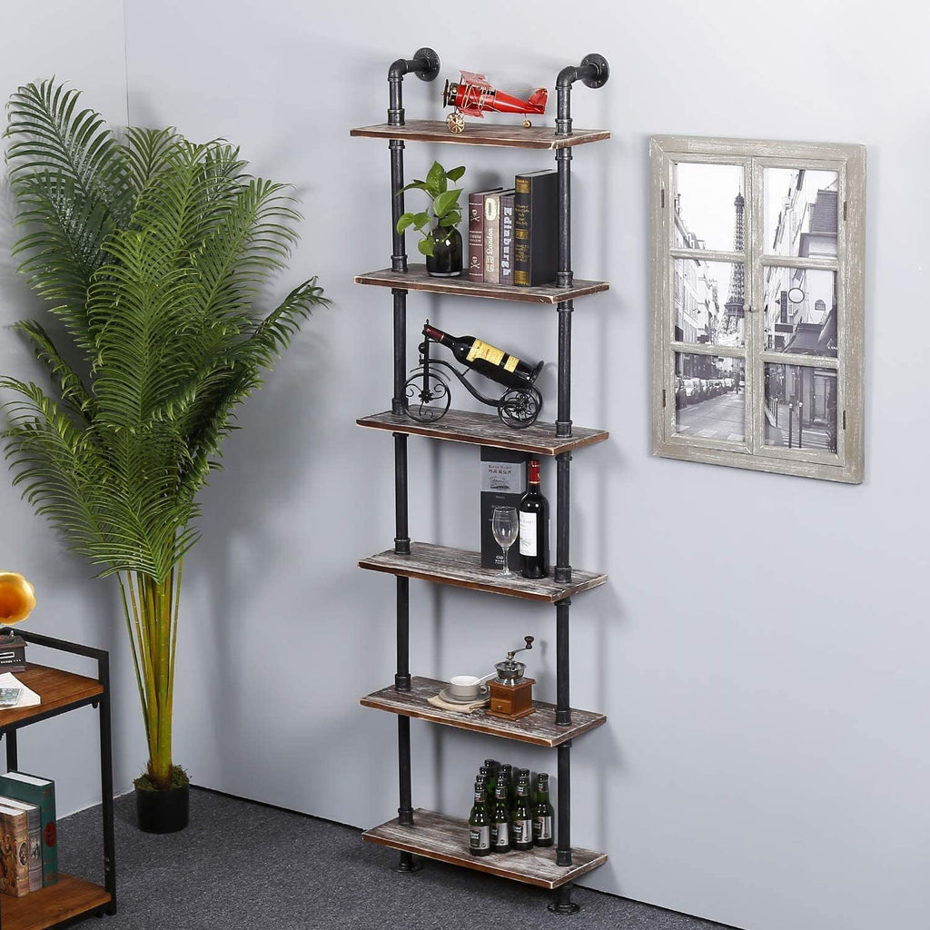 Industrial Wall Mounted Pipe Shelf 24inch Width Rustic Storage Wooden Shelves Vintage 6 Layers Book Shelf for Home Decor Office Living Room Bathroom Kitchen 79inch Height