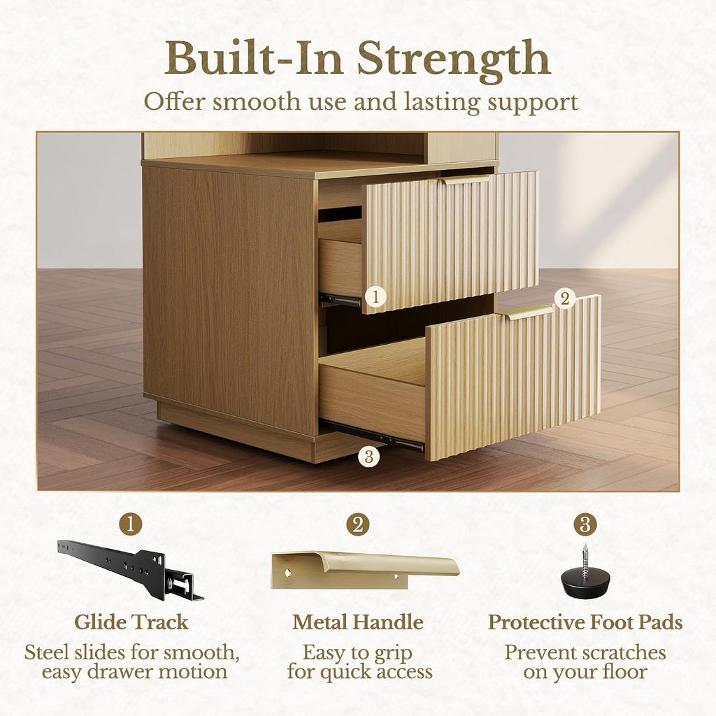 Corner Bookshelf with Drawers, 4 Tier Fluted Corner Bookcase with Storage, 71' Tall Bookcase with Storage Display Rack with Baffles for Home Office and Living Room, Light Walnut