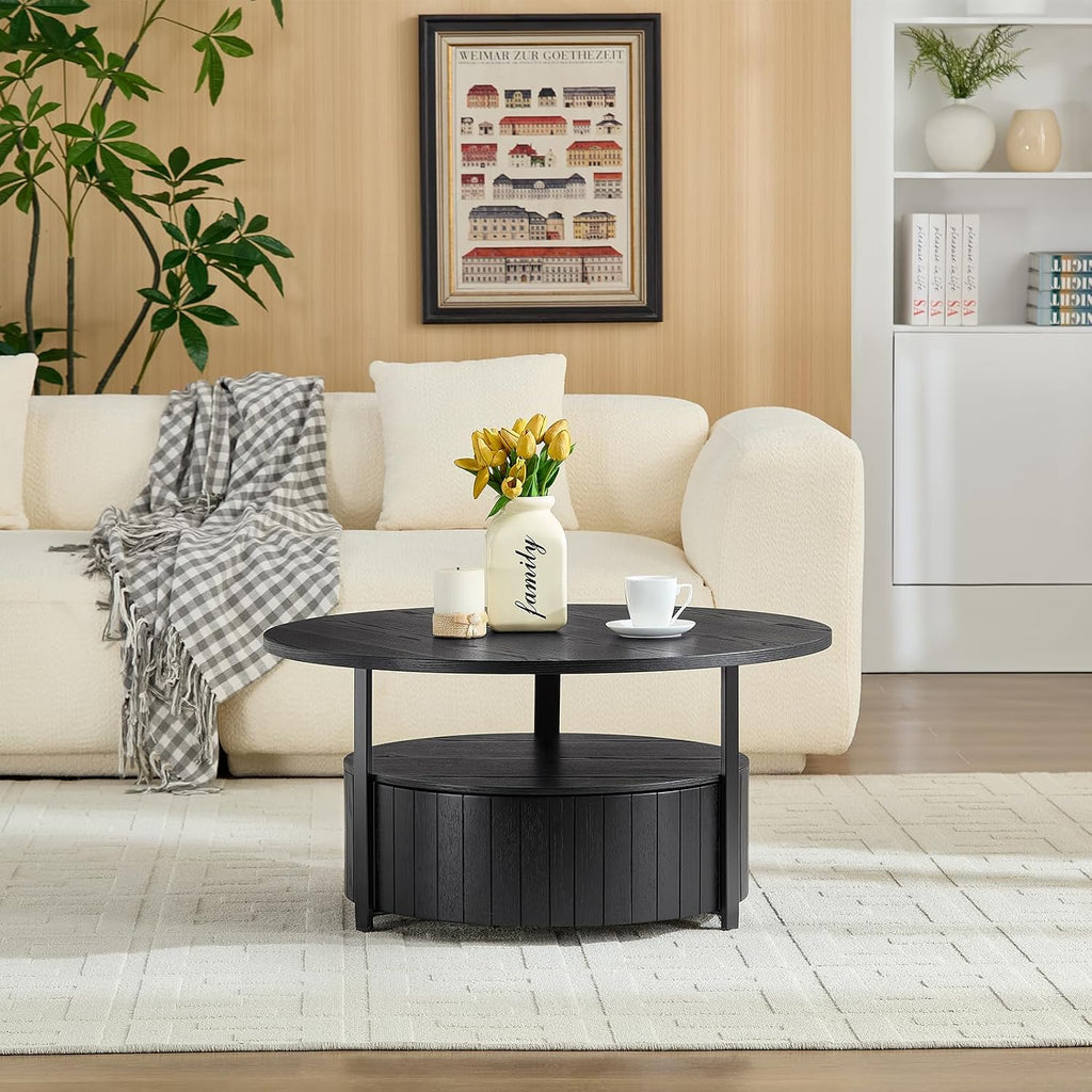 33' Round Coffee Table with Storage, Solid Wood 2 Tier Mid Century Modern Coffee Table with Drawer, Circle Fluted Center Table for Living Room Home Office Small Space, Black