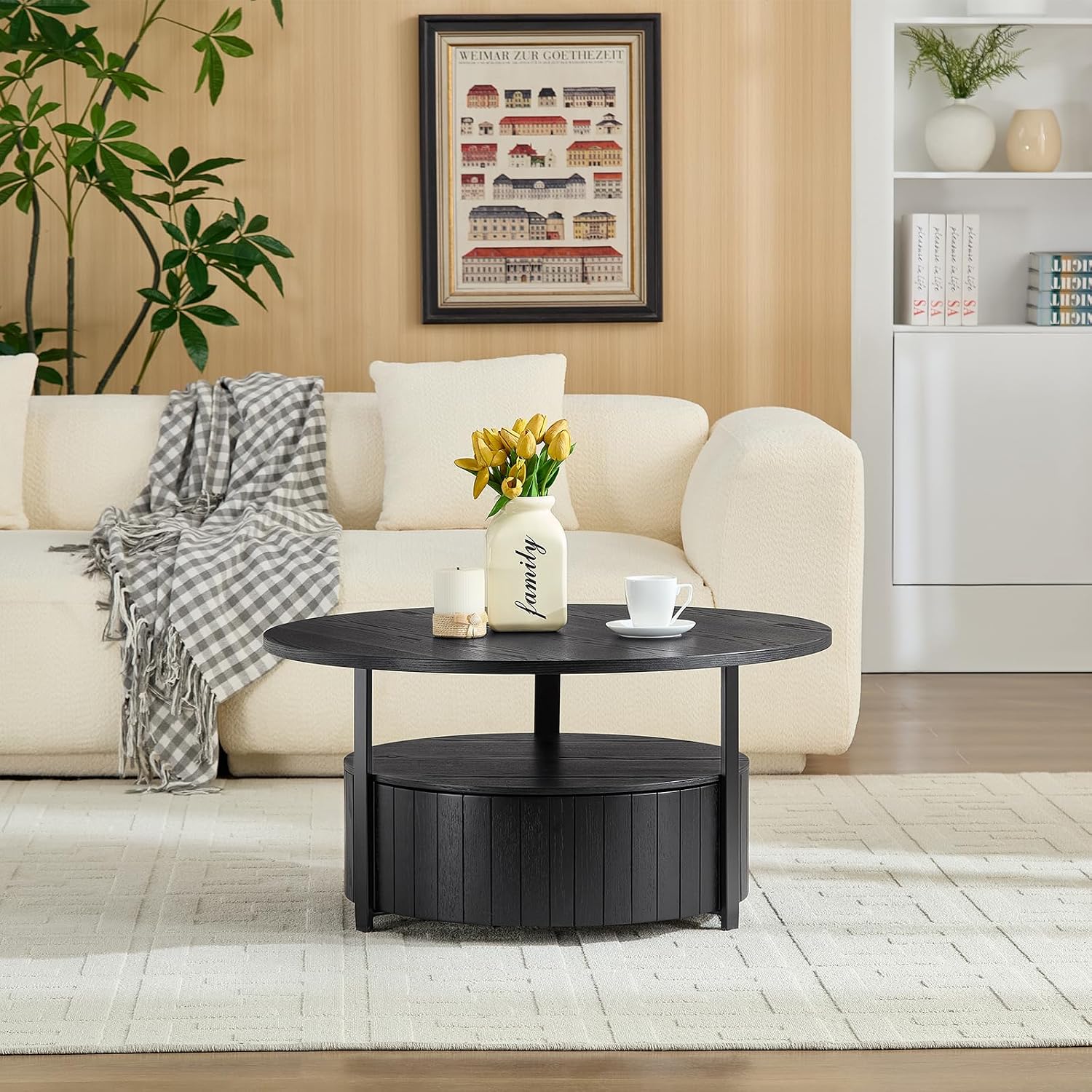 33' Round Coffee Table with Storage, Solid Wood 2 Tier Mid Century Modern Coffee Table with Drawer, Circle Fluted Center Table for Living Room Home Office Small Space, Black