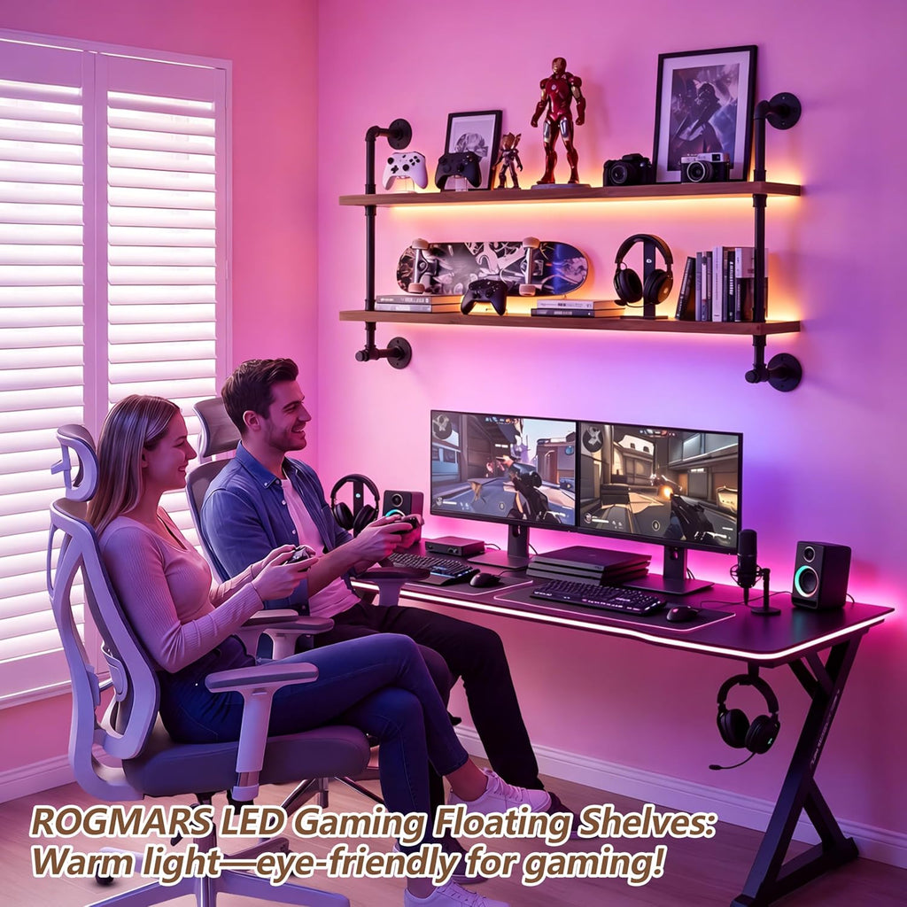 ROGMARS LED Gaming Floating Shelves for Wall,Industrial Pipe Shelving 48 inch Coffee Bar Shelves Wall Mounted,Display Book Shelf with Light for Gaming Room Living Room Bedroom Kitchen Garage