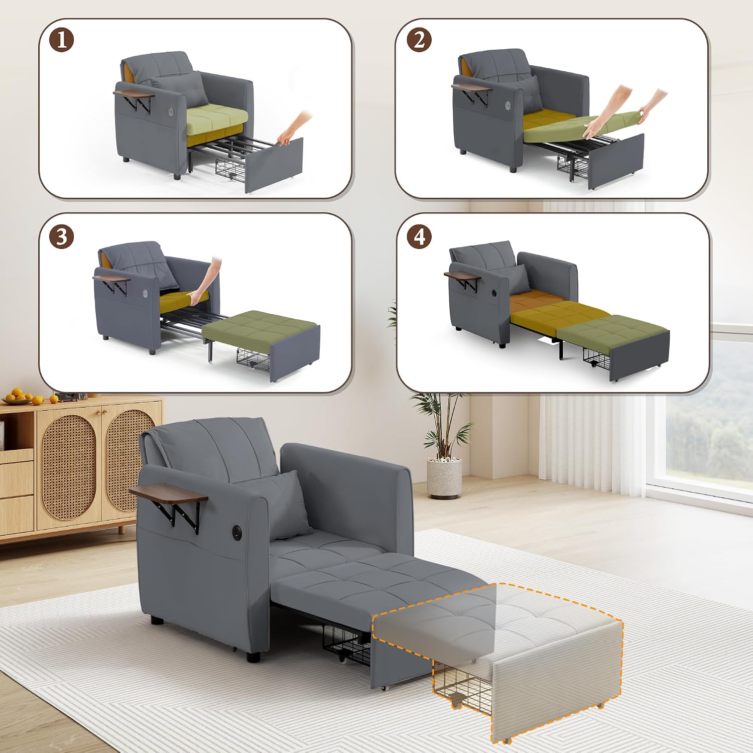 Suvivityse 90' Convertible Sleeper Chair Bed, 4 in 1 Pull Out Single Sofa Bed, Adjustable Backrest Recliner with USB Port, Storage Basket, Folding Side Table, for Living Room Apartment Small Place