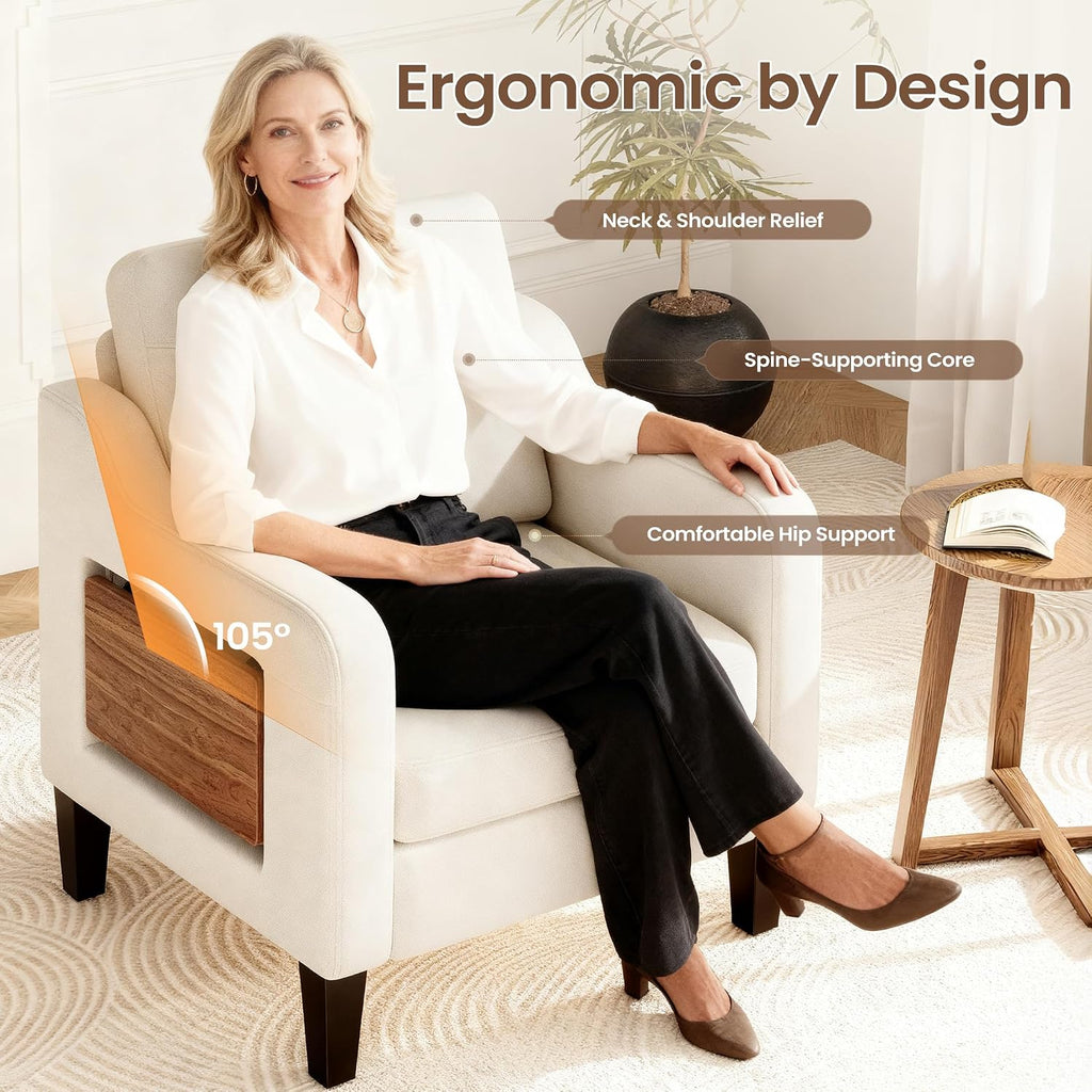 Accent Chair for Living Room Modern Linen Upholstered Armchair Side Wooden Fabric Sofa Chair with Foldable Table 2 Side Pockets Comfy Reading Chair for Bedroom