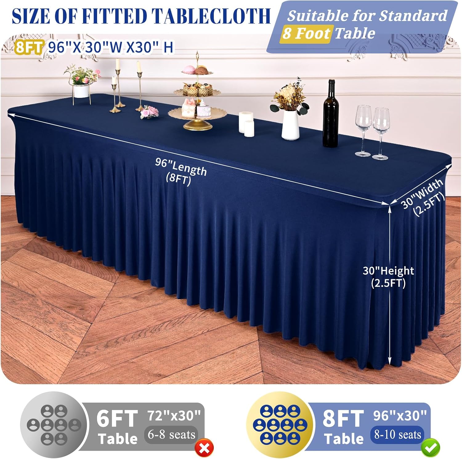 fani 6 Packs Navy Blue Stretch Table Skirts for 8 Foot Rectangle Table, Washable Spandex Stretch Tablecloths with Skirt, Wrinkle Resistant Fitted Tablecover for Wedding Party Banquet