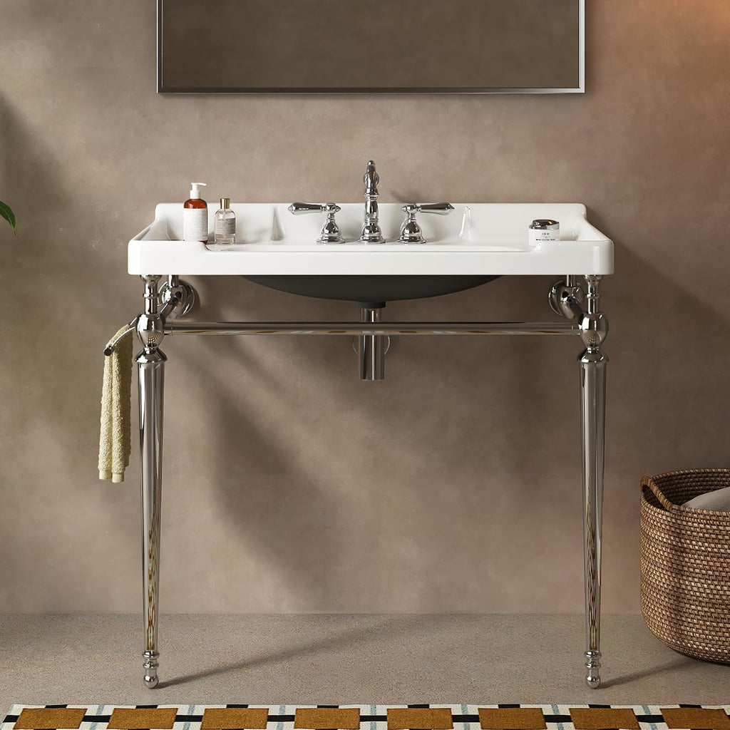 Yayzy 36' Bathroom Vanity with White Ceramic Sink, Wall-Mounted Console Style, Silver-Finish Stainless Steel Legs & Towel Bar, 3 Faucet Holes, No Faucet