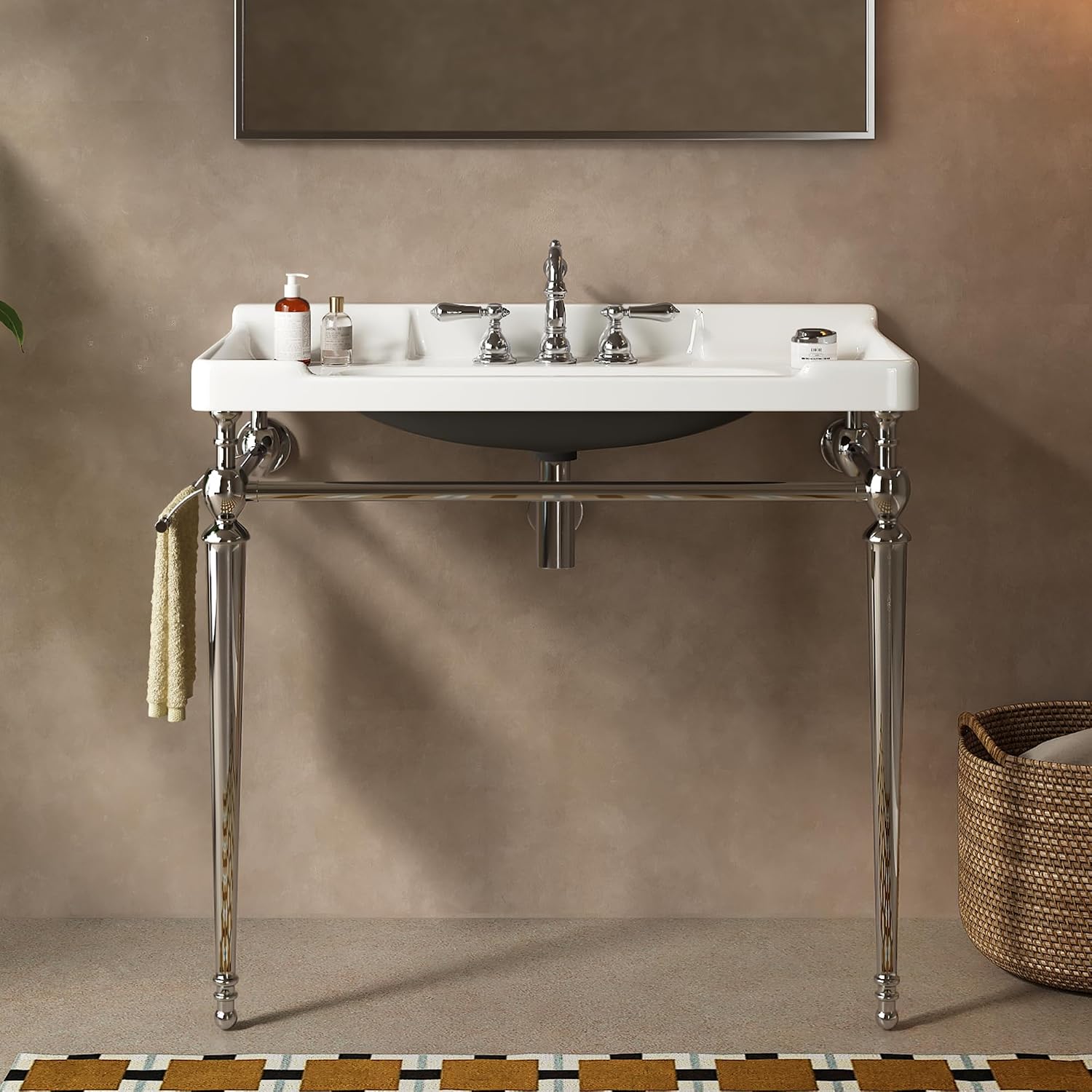 Yayzy 36' Bathroom Vanity with White Ceramic Sink, Wall-Mounted Console Style, Silver-Finish Stainless Steel Legs & Towel Bar, 3 Faucet Holes, No Faucet