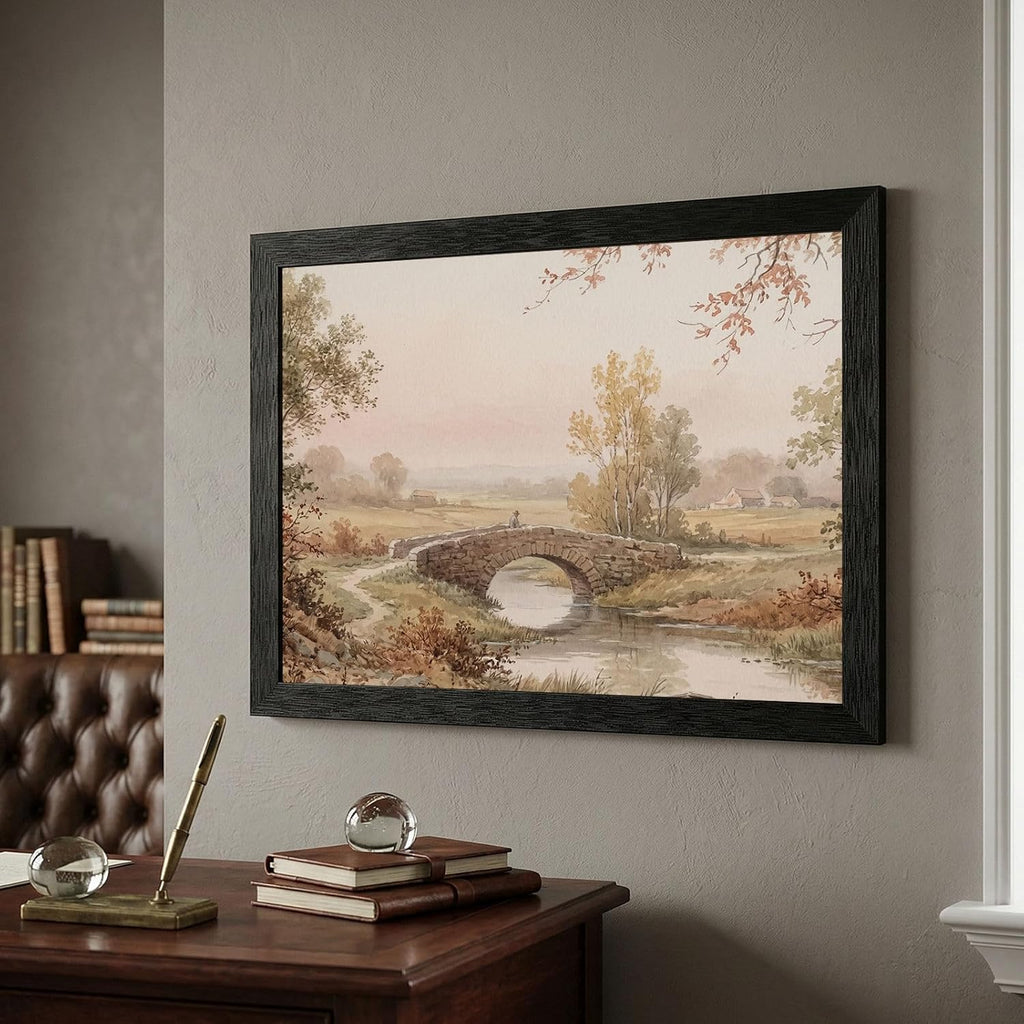 Framed Wall Art - 19th-Century Style Pastoral Landscape Stone Bridge in Black Frame - Vintage Watercolor Aesthetic Home Decor - Premium Art Print - 24x36 Inch