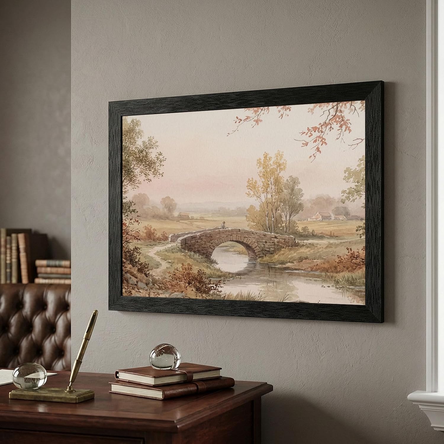 Framed Wall Art - 19th-Century Style Pastoral Landscape Stone Bridge in Black Frame - Vintage Watercolor Aesthetic Home Decor - Premium Art Print - 24x36 Inch