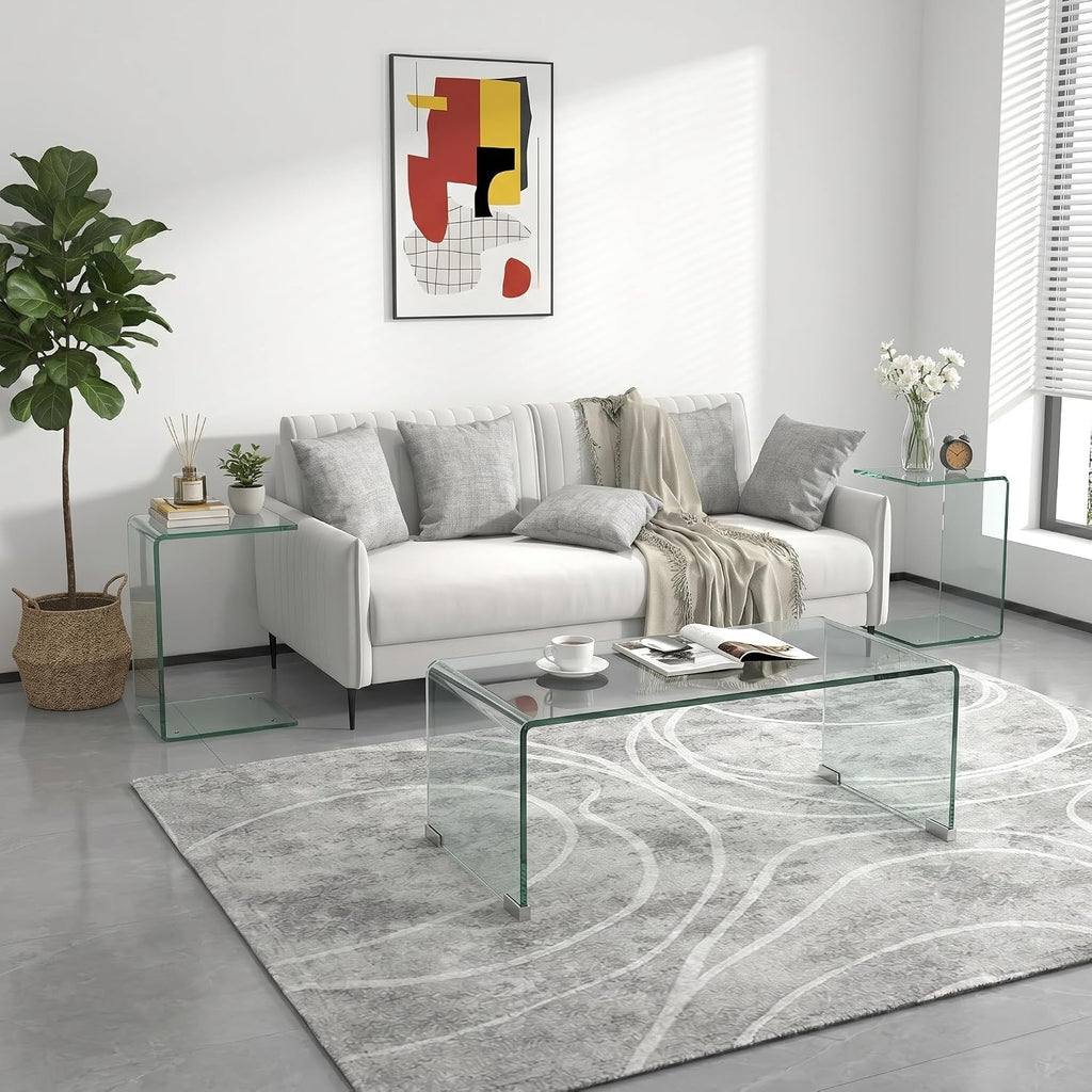 Modern 3 Piece Tempered Glass Living Room Table Set, 39.4' Waterfall Coffee Table & 2 Glass C Table, 12mm Ultra-Thick Coffee Table Set, No Assembly Required, Minimalist Small Space Solution