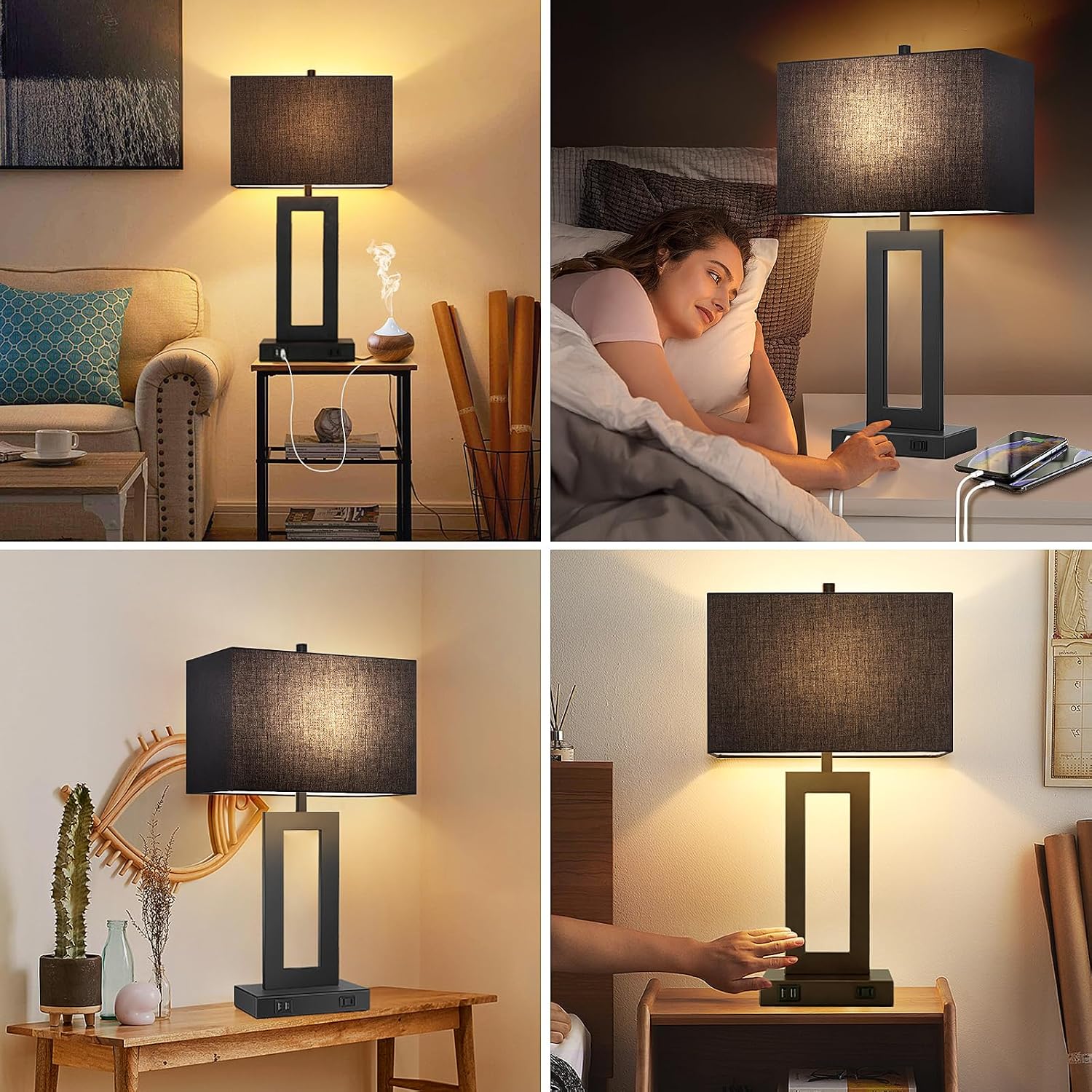 TOBUSA 28'' Tall Black Lamps for Living Rooms Set of 2, Modern Touch Control Table Lamps for Bedroom, 3 Way Dimmable Bedside Lamps with 2 USB Ports&AC Outlet, High-end Decor Lamp for Home Office