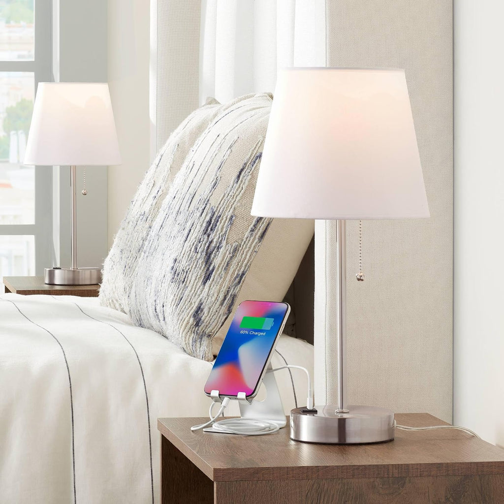 360 Lighting Justin Modern Accent 3-Way Table Lamps 18' High Set of 2 with USB Charging Port and Table Top Dimmers Silver Metal White Fabric Empire Shade for Bedroom House Bedside Home