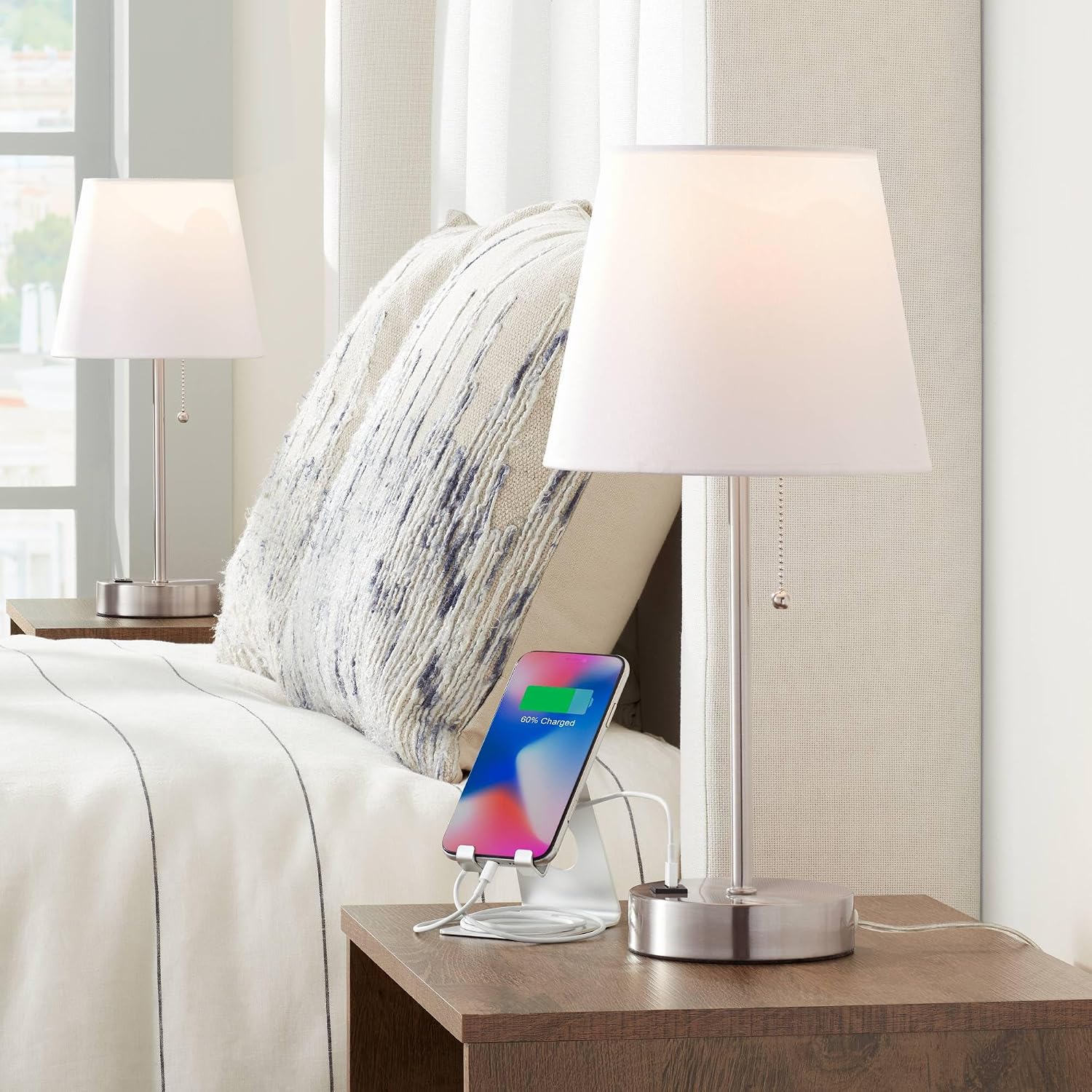 360 Lighting Justin Modern Accent 3-Way Table Lamps 18' High Set of 2 with USB Charging Port and Table Top Dimmers Silver Metal White Fabric Empire Shade for Bedroom House Bedside Home