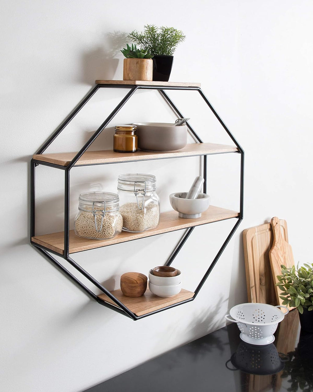 Kate and Laurel Lintz Farmhouse Octagon Wall Shelf, 24 x 24, Rustic Brown and Black, Modern 4-Tier Geometric Shelves for Wall