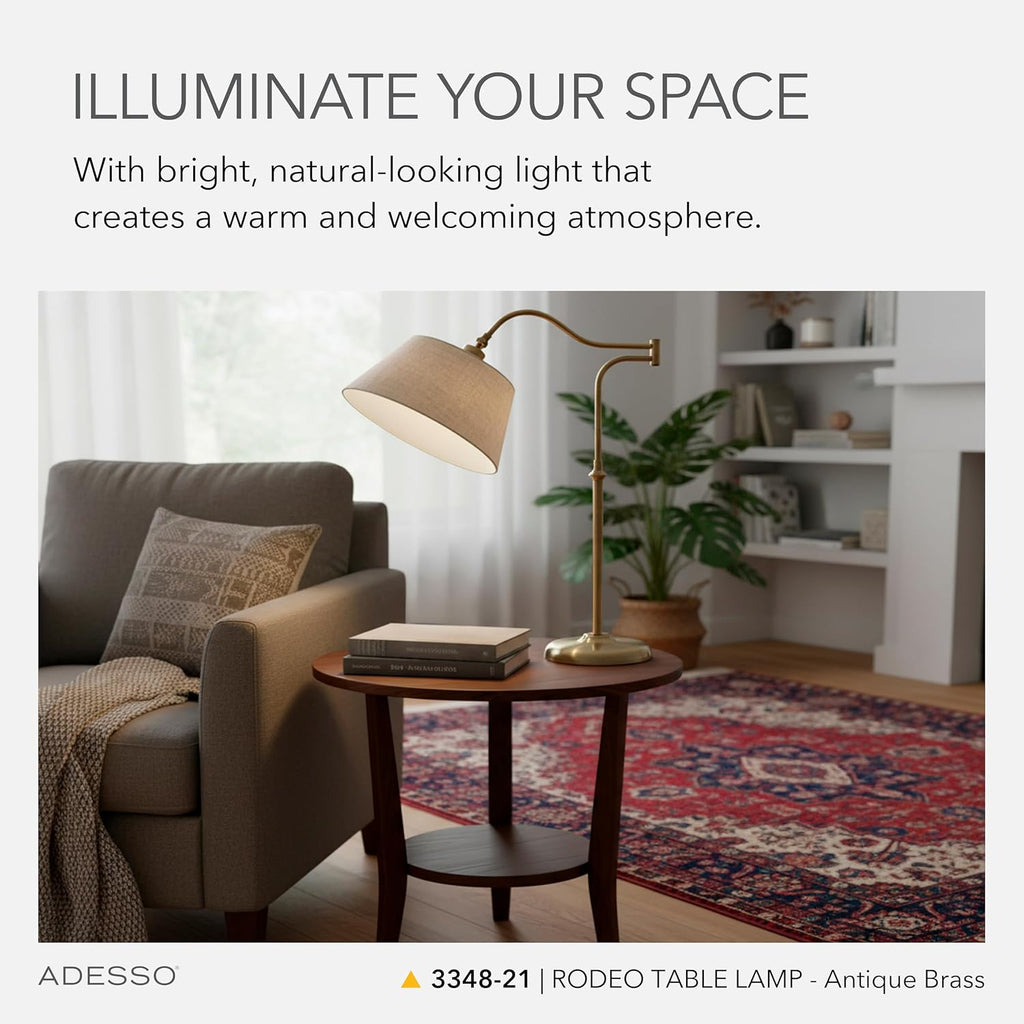 Adesso Antique Brass Table Lamp with Cream Fabric Shade - 180 Degree Adjustable Arm, Versatile Bedside Table, Living Room, or Desk Lamp, 27' Tall