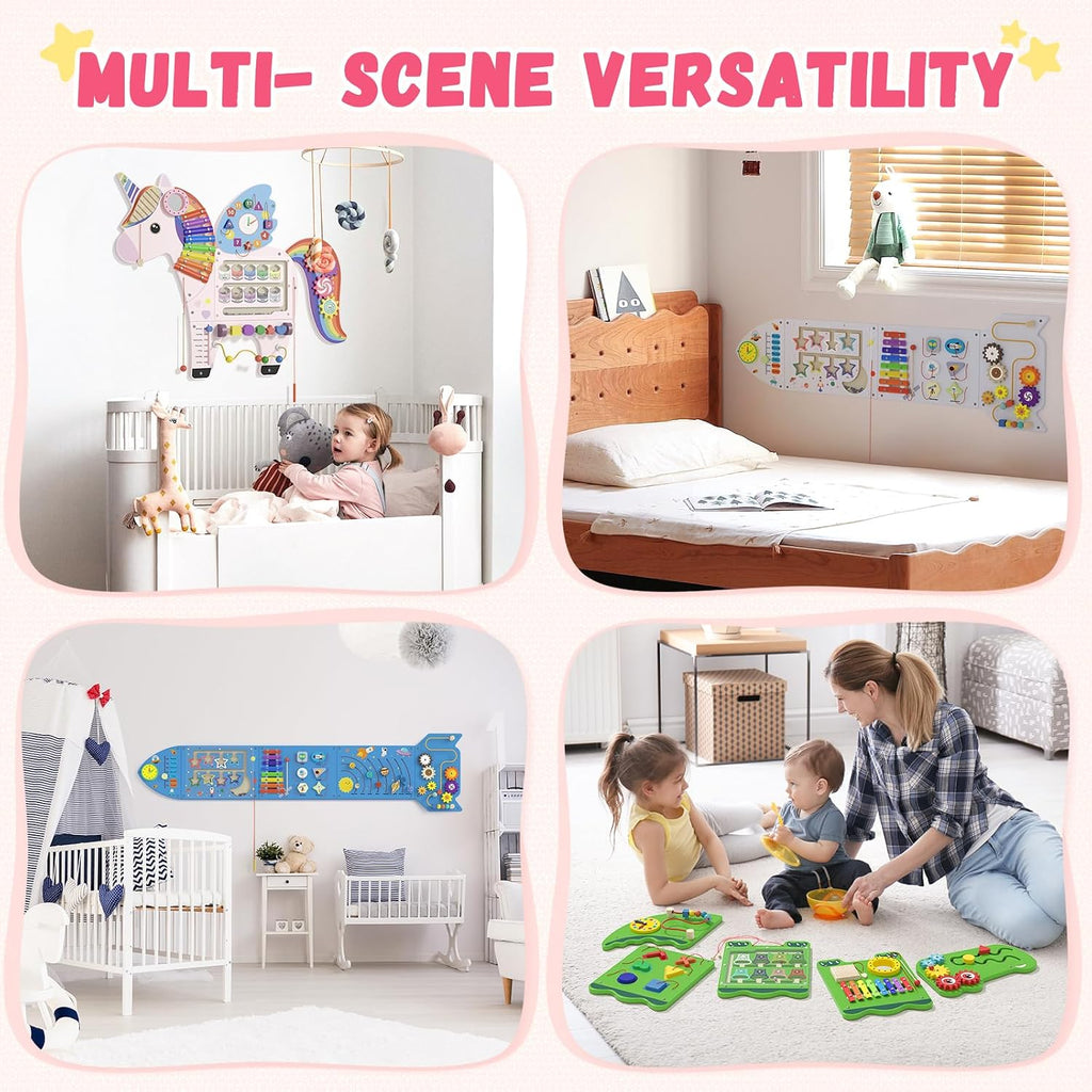 Unicorn Sensory Wall Panel for Kids - Activity Wall Busy Board Panels, Montessori Toddler Wall Activity Board, Wall Toys for Toddlers 3, Activity Cube, Perfect for Toddler Playroom, Pink