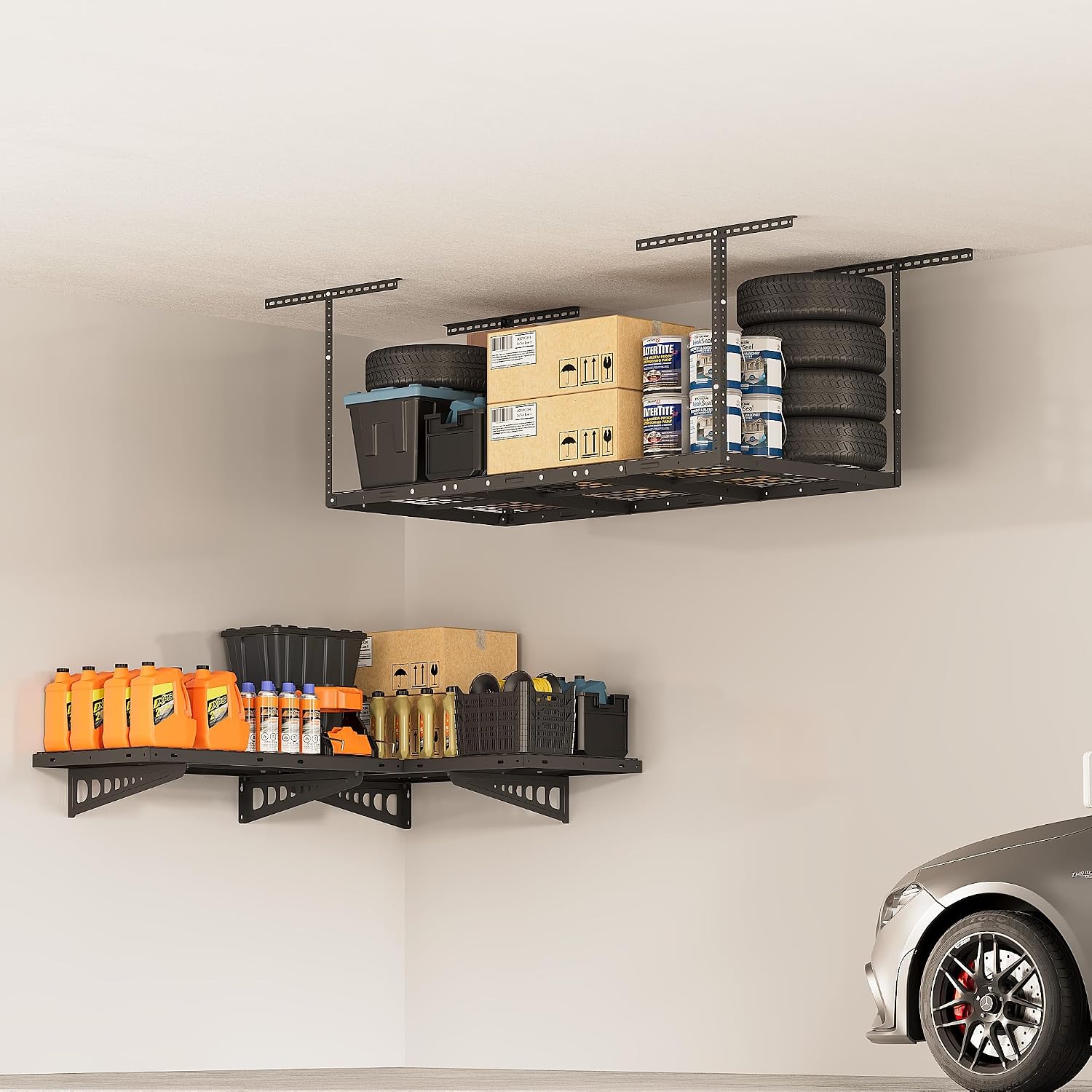 FLEXIMOUNTS 3x6 Overhead Garage Storage Rack, plus 2-Pack 2x4ft Corner Wall Mounted Floating Shelves, 450lbs+440lbs Capacity, Heavy-Duty Garage Organizer, Black