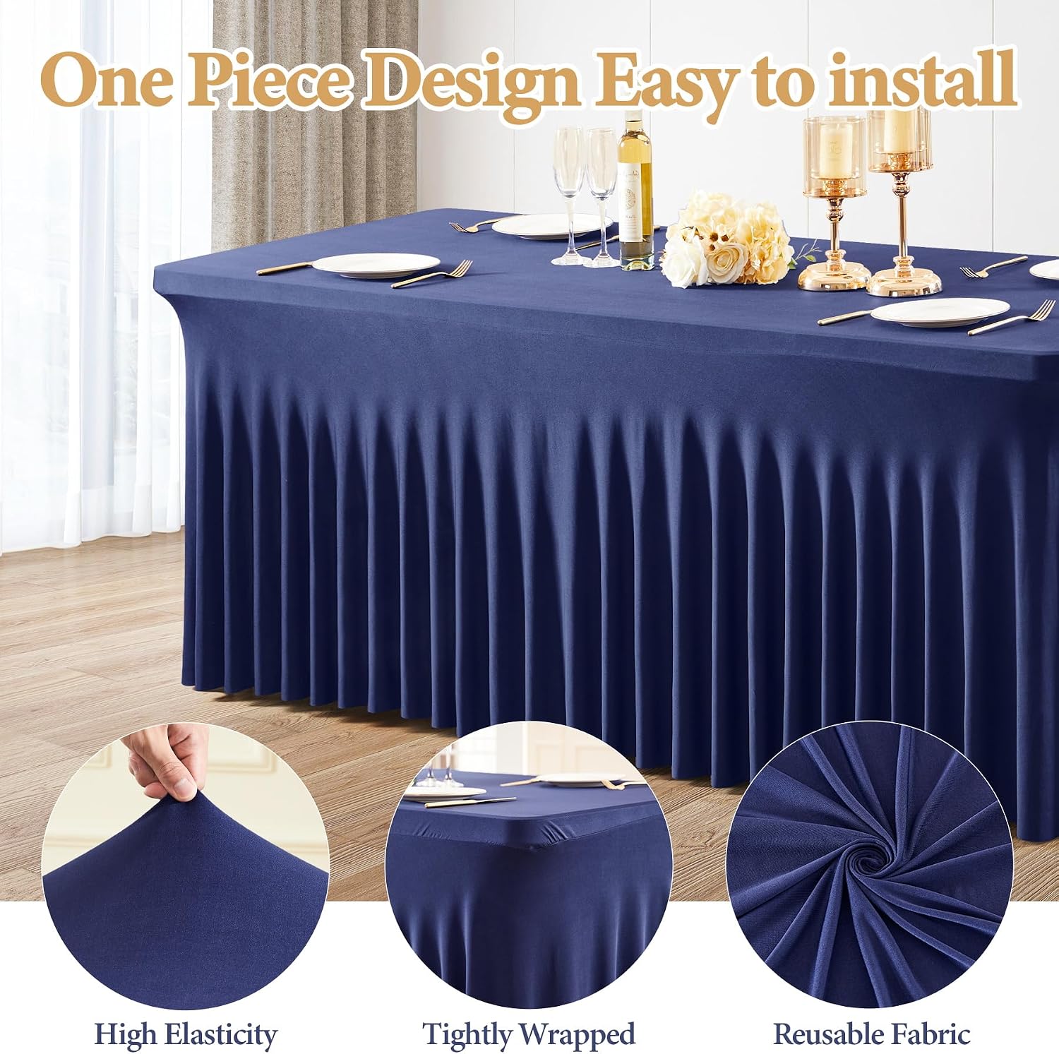 Shillance 6 Packs Navy Blue Spandex Tableclothes for 8 Foot Rectangle Table, Spandex Table Covers 8FT Stretch Table Skirts Wrinkle Free Fitted Tablecover for Event, Wedding, Banquet & Parties