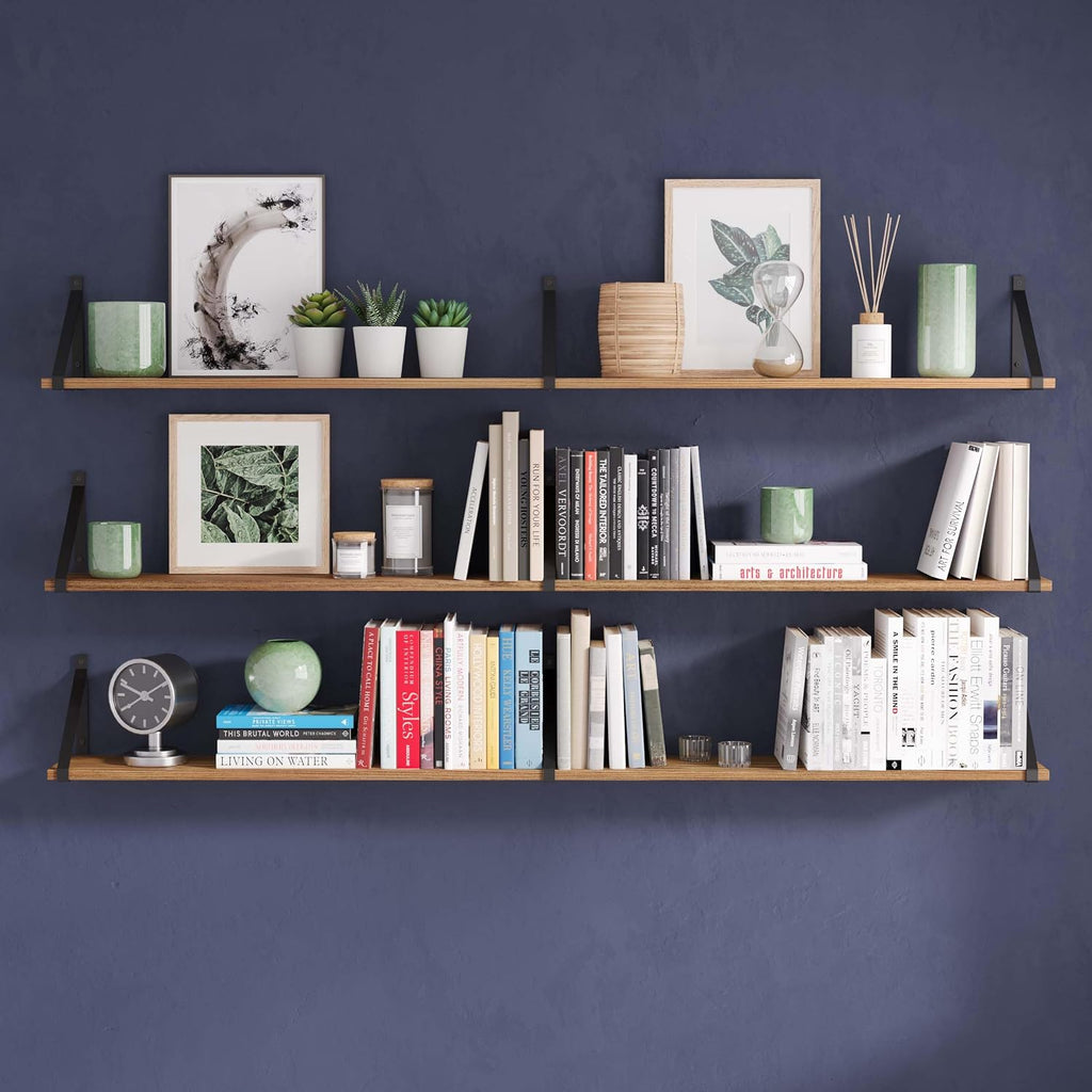 Wallniture Bora 60' x 6' Rustic Floating Shelves for Wall, Shelves for Bedroom, Office & Kitchen Storage Shelf, Wall Bookshelf, Set of 3, Burnt, Wood