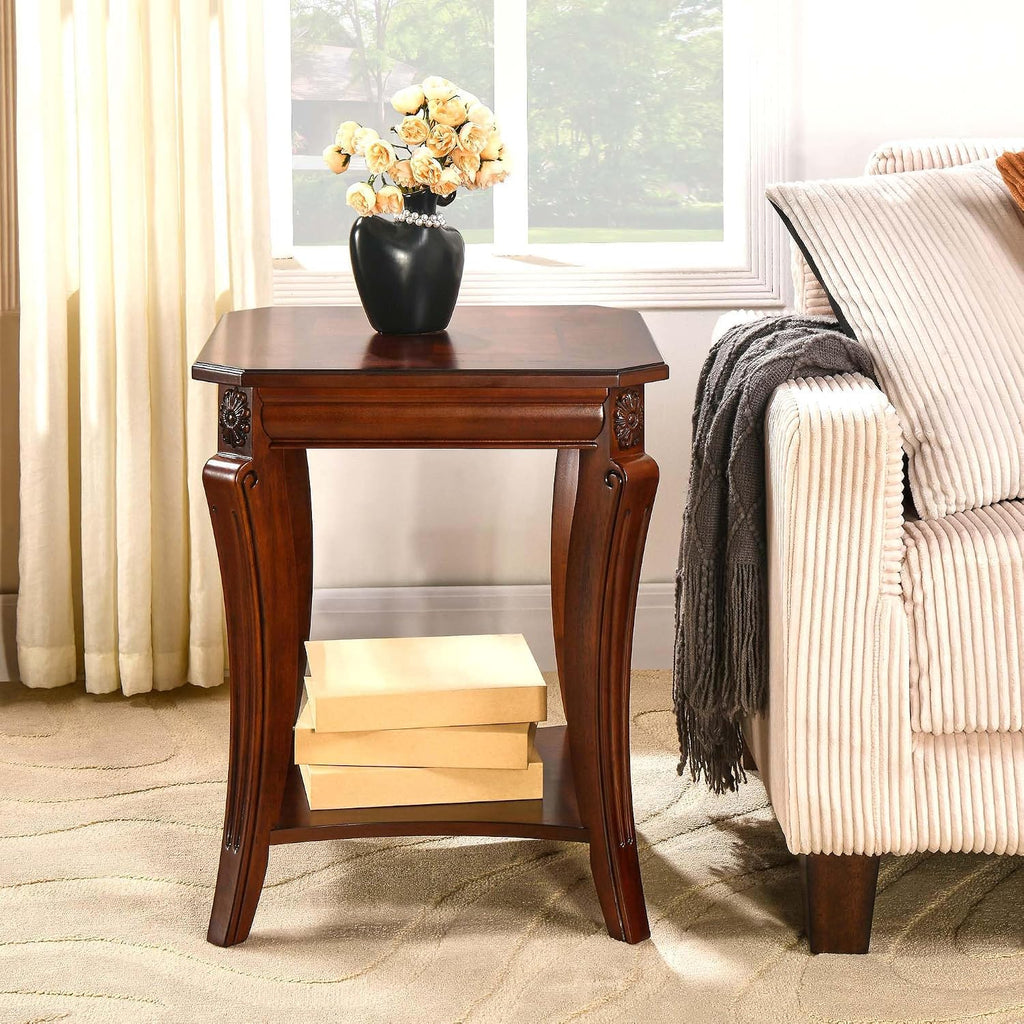 Square End Table with Storage Shelf, Farmhouse Sofa Side Tables for Living Room, Solid Wood Beside Table- With Floral Tabletop,Telephone Tabless, 19.7'D x 19.7'W x 23.8'H Cherry Brown CJZ-A1168-WD