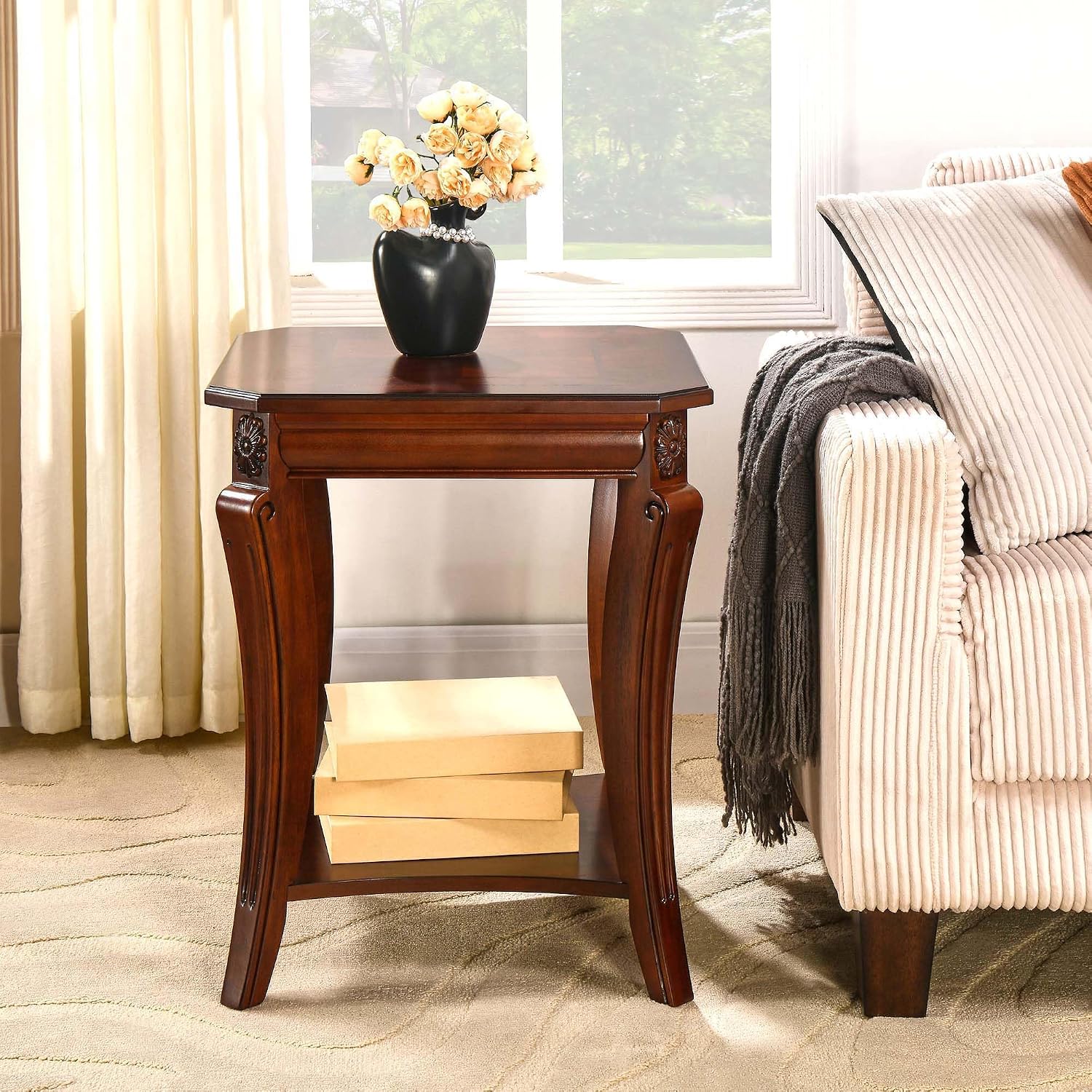 Square End Table with Storage Shelf, Farmhouse Sofa Side Tables for Living Room, Solid Wood Beside Table- With Floral Tabletop,Telephone Tabless, 19.7'D x 19.7'W x 23.8'H Cherry Brown CJZ-A1168-WD