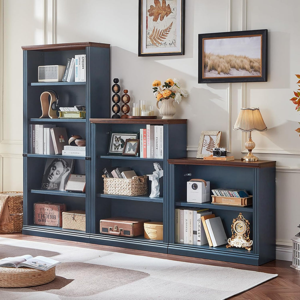 RWYHG 30' Blue Bookshelf Set of 3,2-Tier Thick Wood Book Shelf with Adjustable Shelve,Free Standing Farmhouse Bookcase with Open Display Storage,Floor Vintage Bookshelves for Living Room,Office