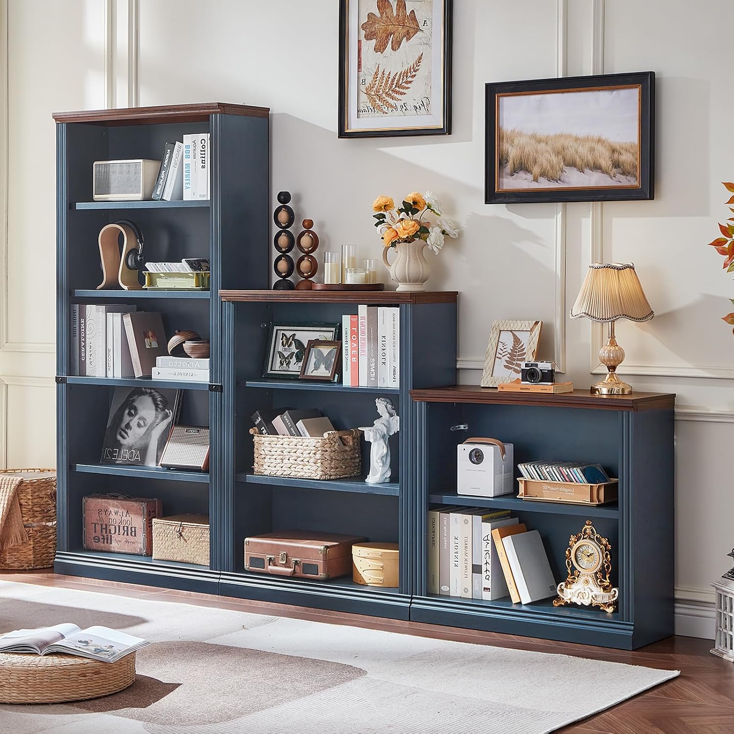 RWYHG 30' Blue Bookshelf Set of 3,2-Tier Thick Wood Book Shelf with Adjustable Shelve,Free Standing Farmhouse Bookcase with Open Display Storage,Floor Vintage Bookshelves for Living Room,Office