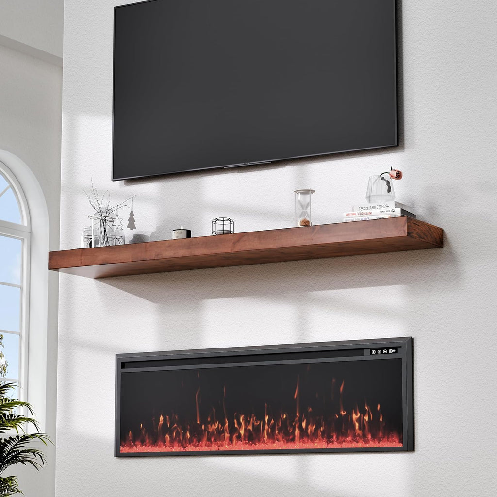 60 Inch Fireplace Mantel Shelf - 7' Deep Solid Wood Floating Mantel for Over Fireplace - 90LBS with Invisible Bracket - Handcrafted TV Decor for Livingroom & Bedroom - Walnut