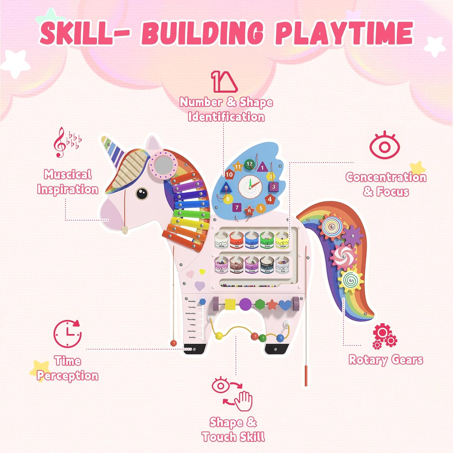 Unicorn Sensory Wall Panel for Kids - Activity Wall Busy Board Panels, Montessori Toddler Wall Activity Board, Wall Toys for Toddlers 3, Activity Cube, Perfect for Toddler Playroom, Pink