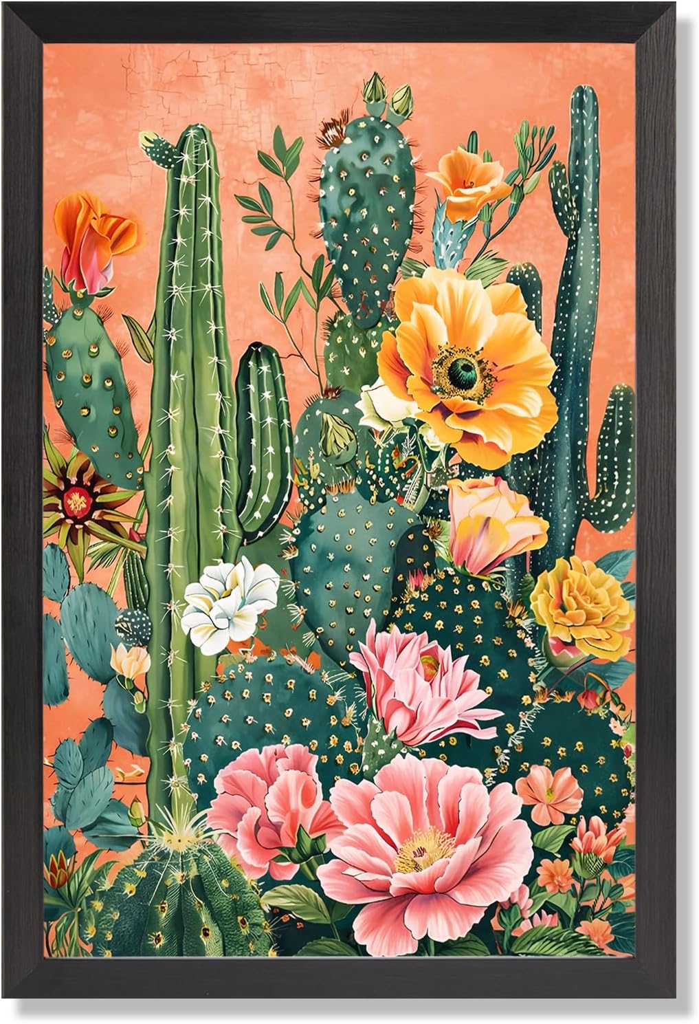 Black Framed Flat Retro Desert Landscape Poster Boho Cactus And Floral Canvas Wall Art Colorful Succulents Vibrant Blooms Prints Painting For Home Bedroom Dorm Wall Decor 24x36in Black Framed Flat
