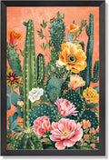 Black Framed Flat Retro Desert Landscape Poster Boho Cactus And Floral Canvas Wall Art Colorful Succulents Vibrant Blooms Prints Painting For Home Bedroom Dorm Wall Decor 24x36in Black Framed Flat