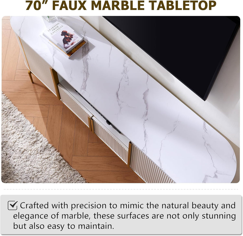 OKD 70' Fluted TV Stand with Storage, Faux Marble Top Entertainment Center for TVs Up to 80', Modern Curved Edge Media Console Cabinet for Living Room, Off White