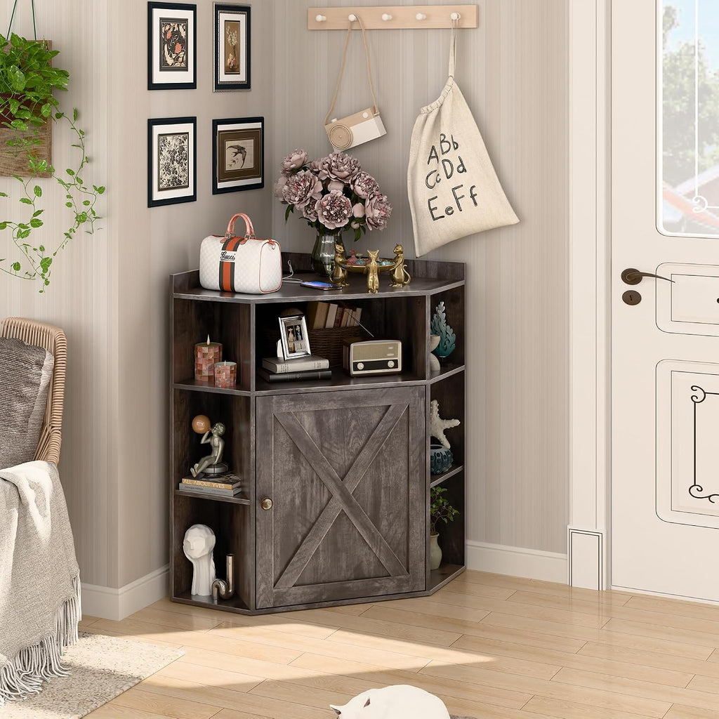 Halitaa Corner Storage Cabinet, Farmhouse Corner Bookshelf with Storage 6-Cubby Wooden Cabinet with USB Ports and Outlets Industrial Organizer for Small Space, Study, Playroom, Living Room