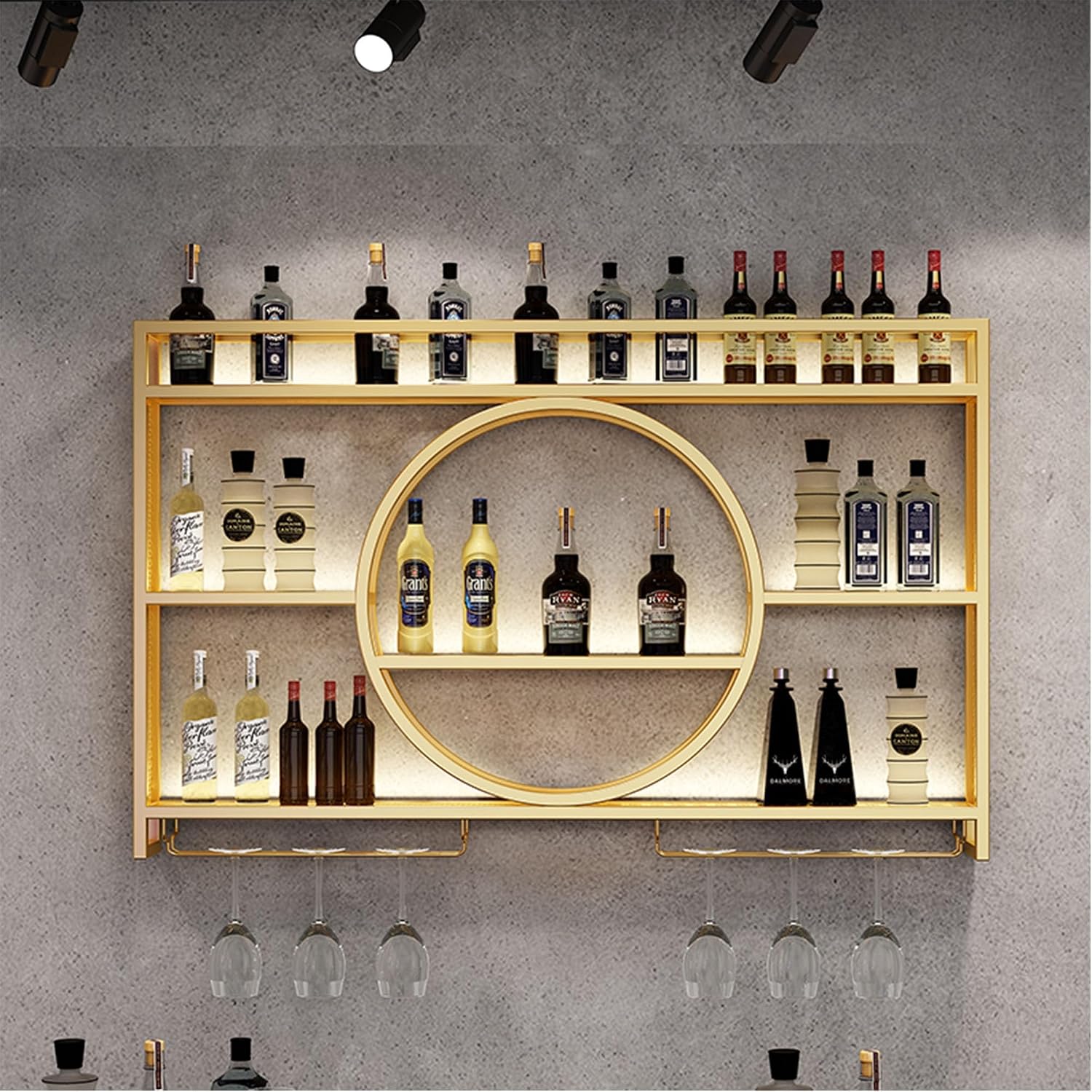 Wall Wine Rack with LED Light Bar Shelves Liquor Bottle Display Shelf Wall Mounted with Hanging Wine Glass Holder Rack Floating Bar Cabinet for Home Bar Dining Room Cafe Kitchen