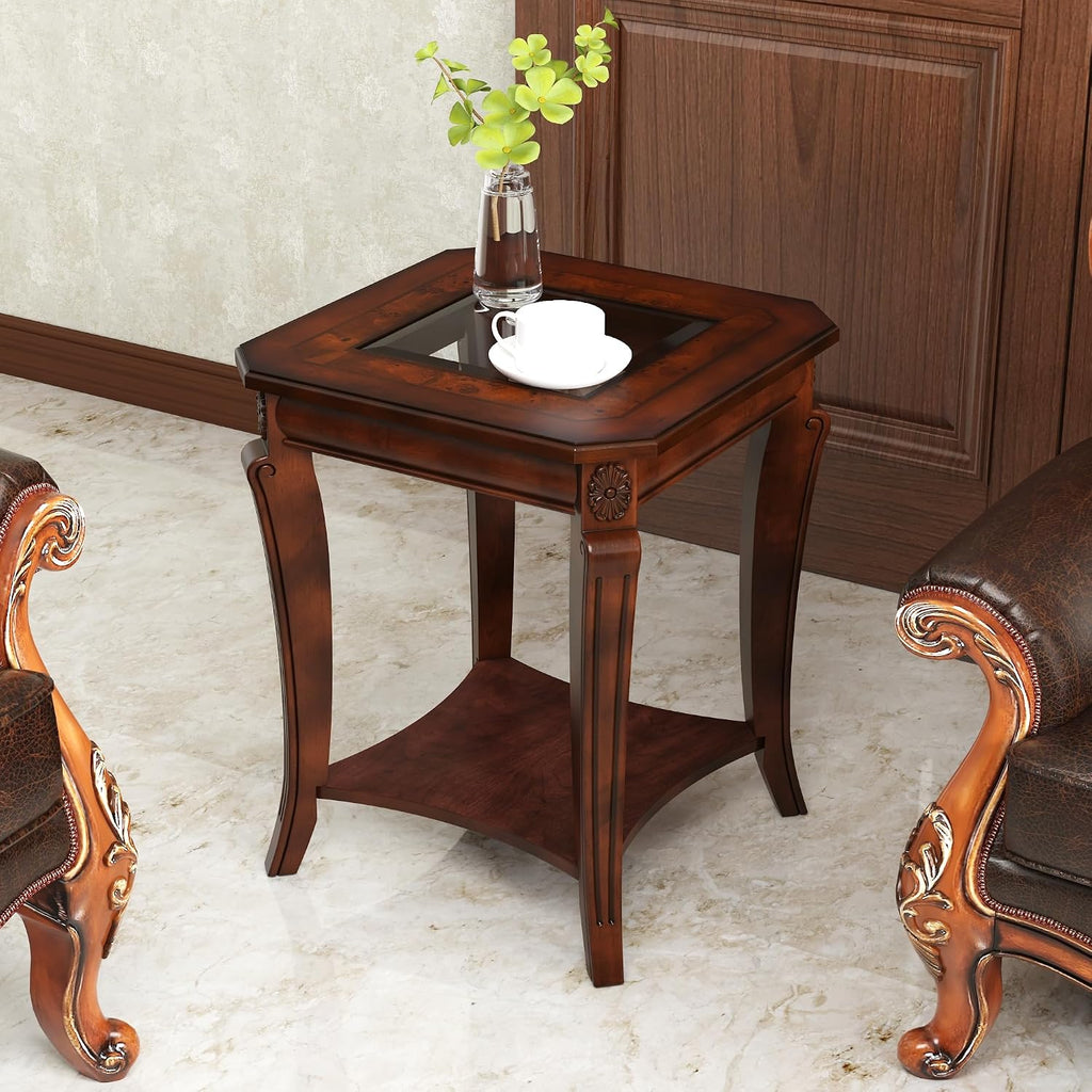 Traditional Living Room Tables Set of 3- One Coffee Table with Glas and Two End Table with Glass Tabletop and Carved Leg,Table Set with Storage Shelf, Cherry Brown KFZ- CJZ-A1168-WD