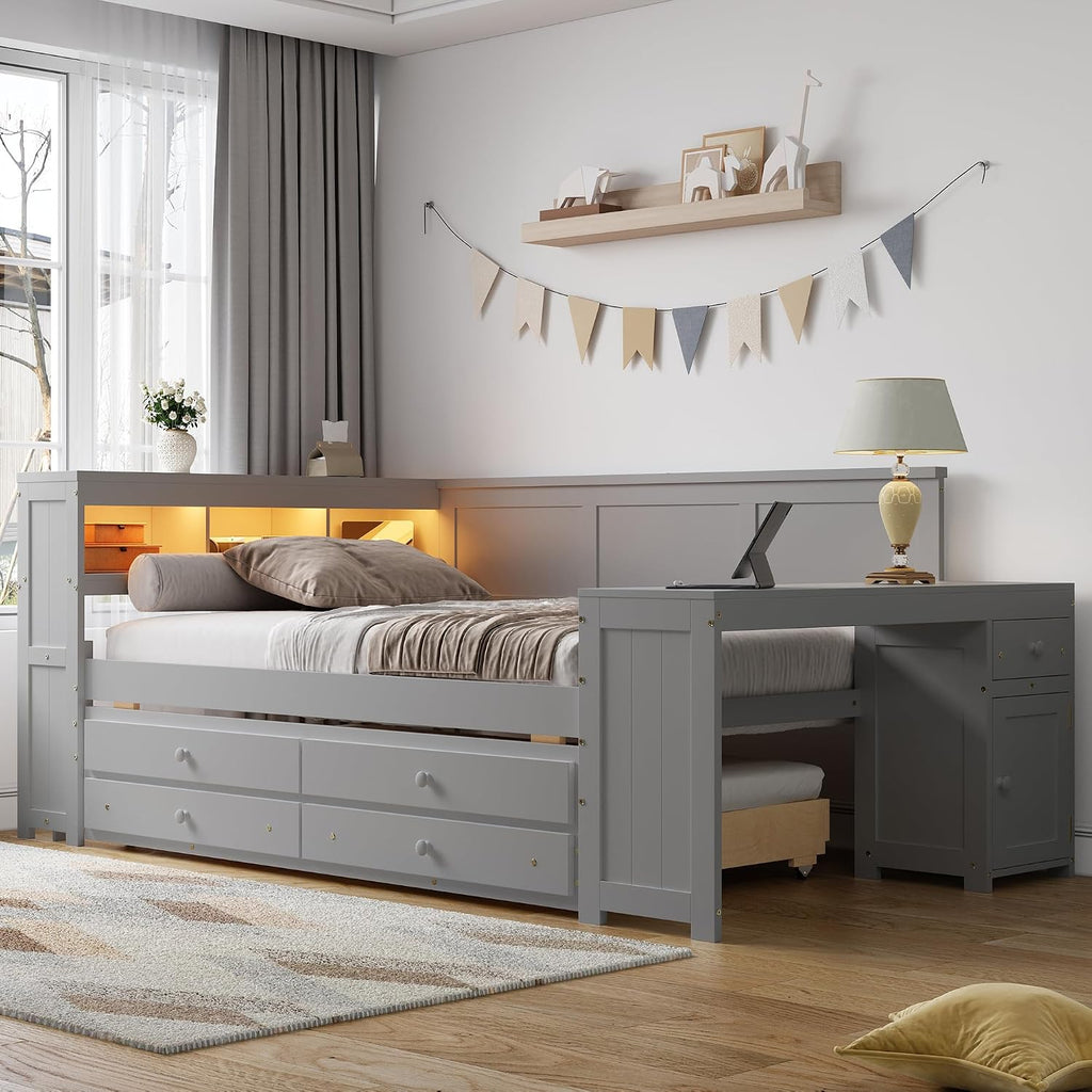 Bellemave Full Corner Bed Frame, Twin Size Captain beds with Storage Cabinets and Desk, Wood Daybed with Bookcase Trundle and Drawers, Gray
