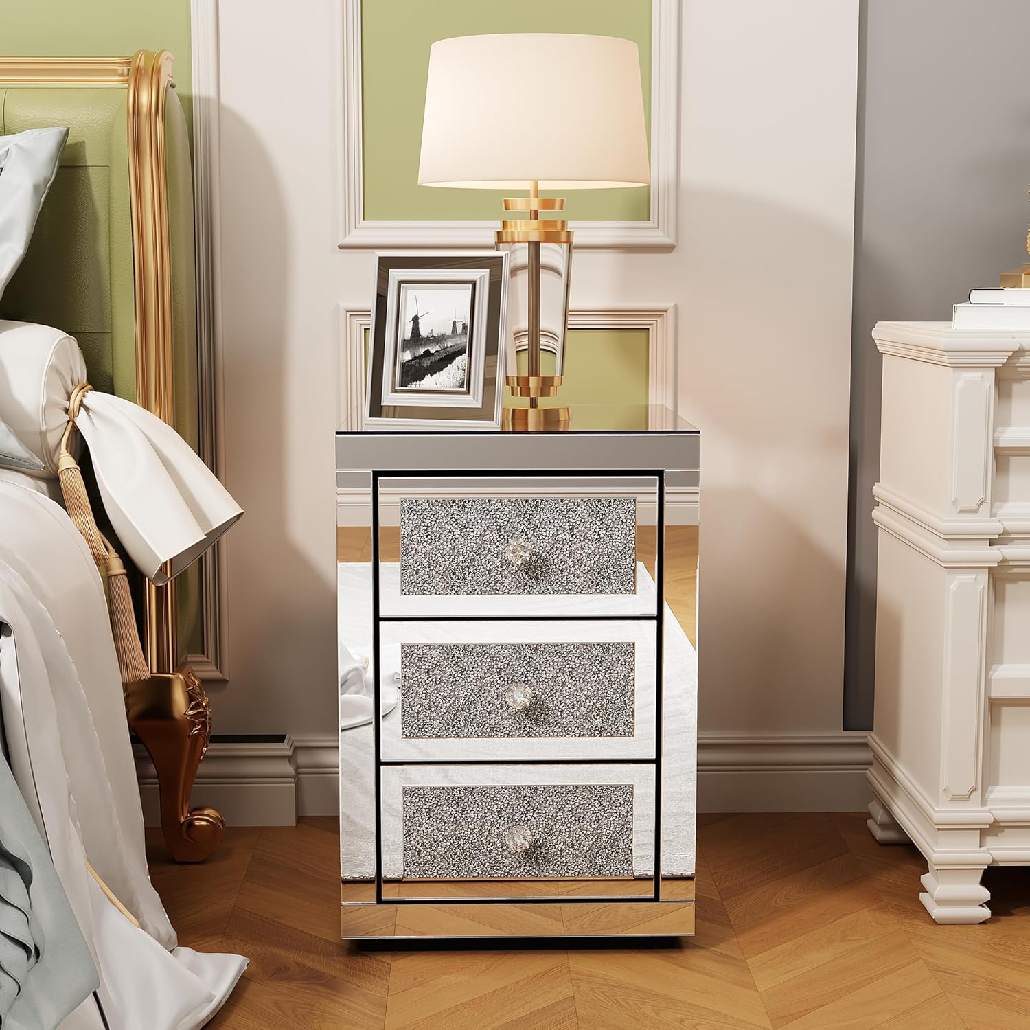 3-Drawer Mirrored Nightstand Bedside Table, Modern Mirrored End Side Table for Living Room, Bedroom, Entryway