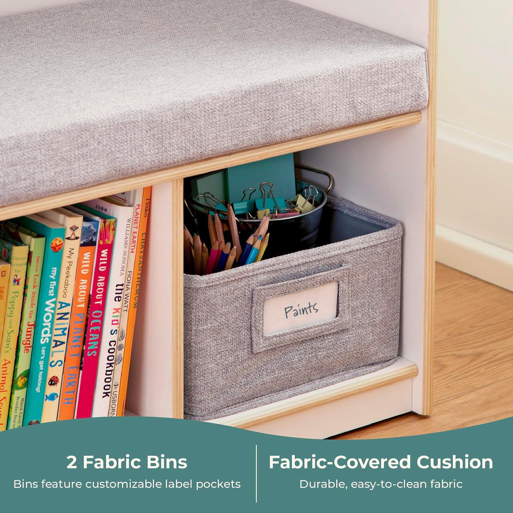 Guidecraft EdQ Kids' Reading Nook - White: Wooden Reading Bench Bookshelf Organizer with Storage Cubbies and Bins for Books | Classroom and Playroom Furniture