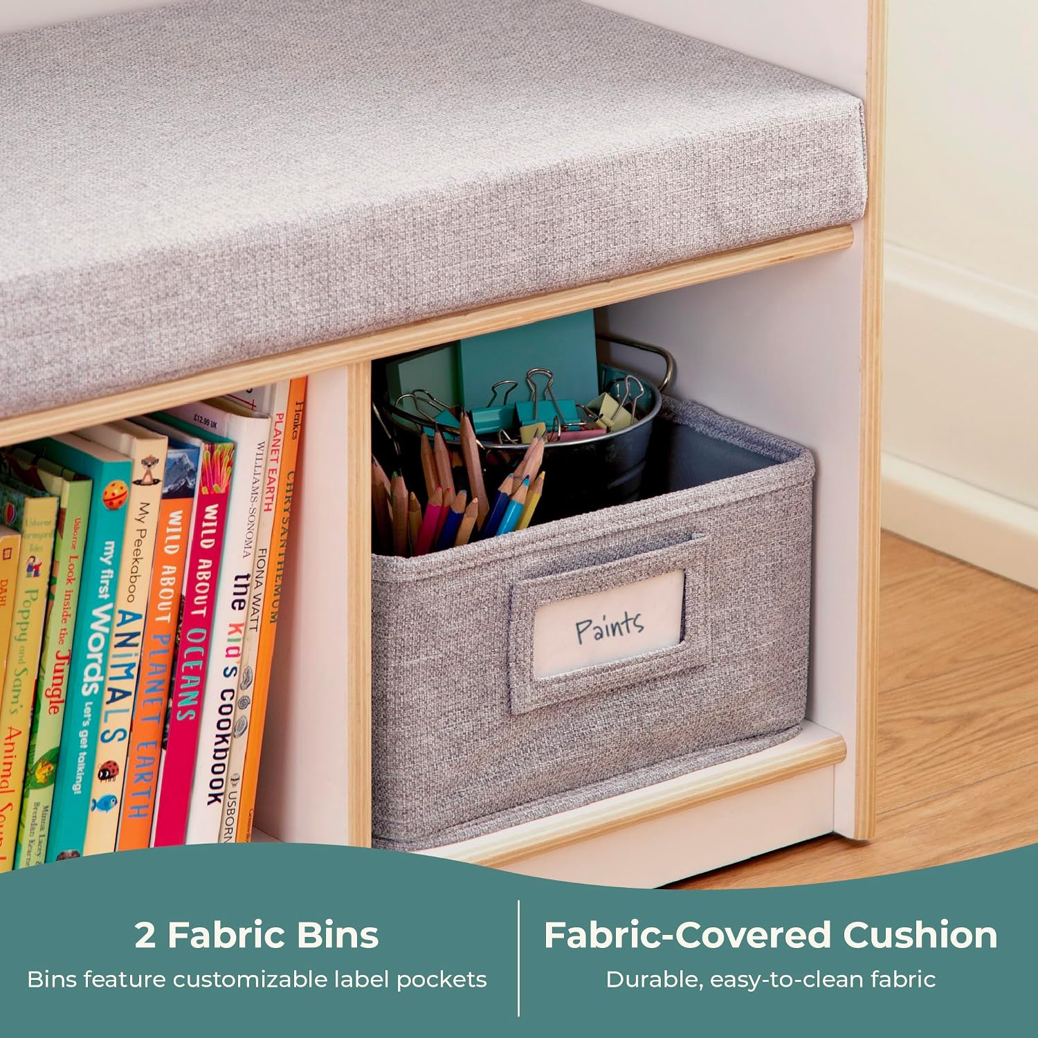 Guidecraft EdQ Kids' Reading Nook - White: Wooden Reading Bench Bookshelf Organizer with Storage Cubbies and Bins for Books | Classroom and Playroom Furniture