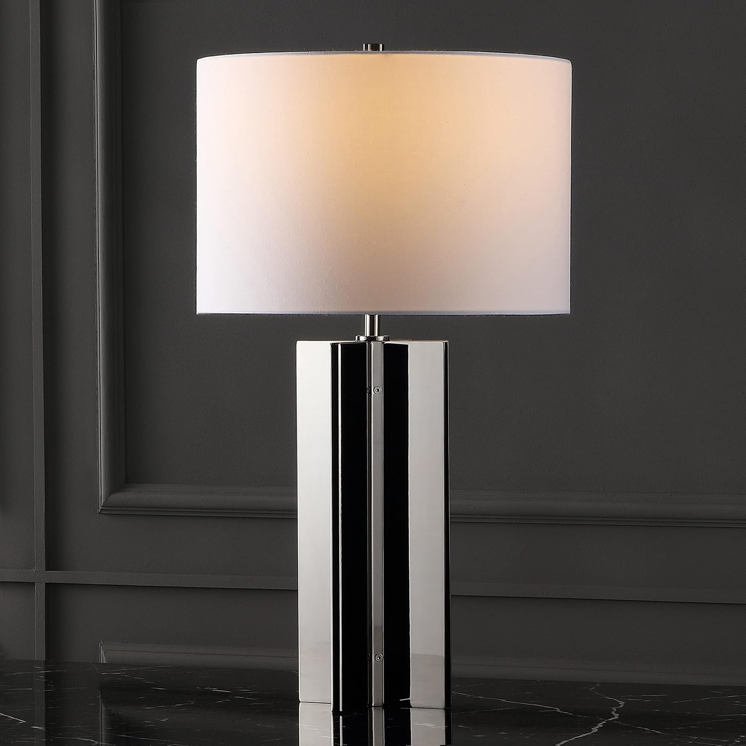 SAFAVIEH Couture Lighting Collection Rollins Square Metal Gold/White 27-inch Bedroom Living Room Home Office Desk Nightstand Table Lamp (LED Bulb Included)