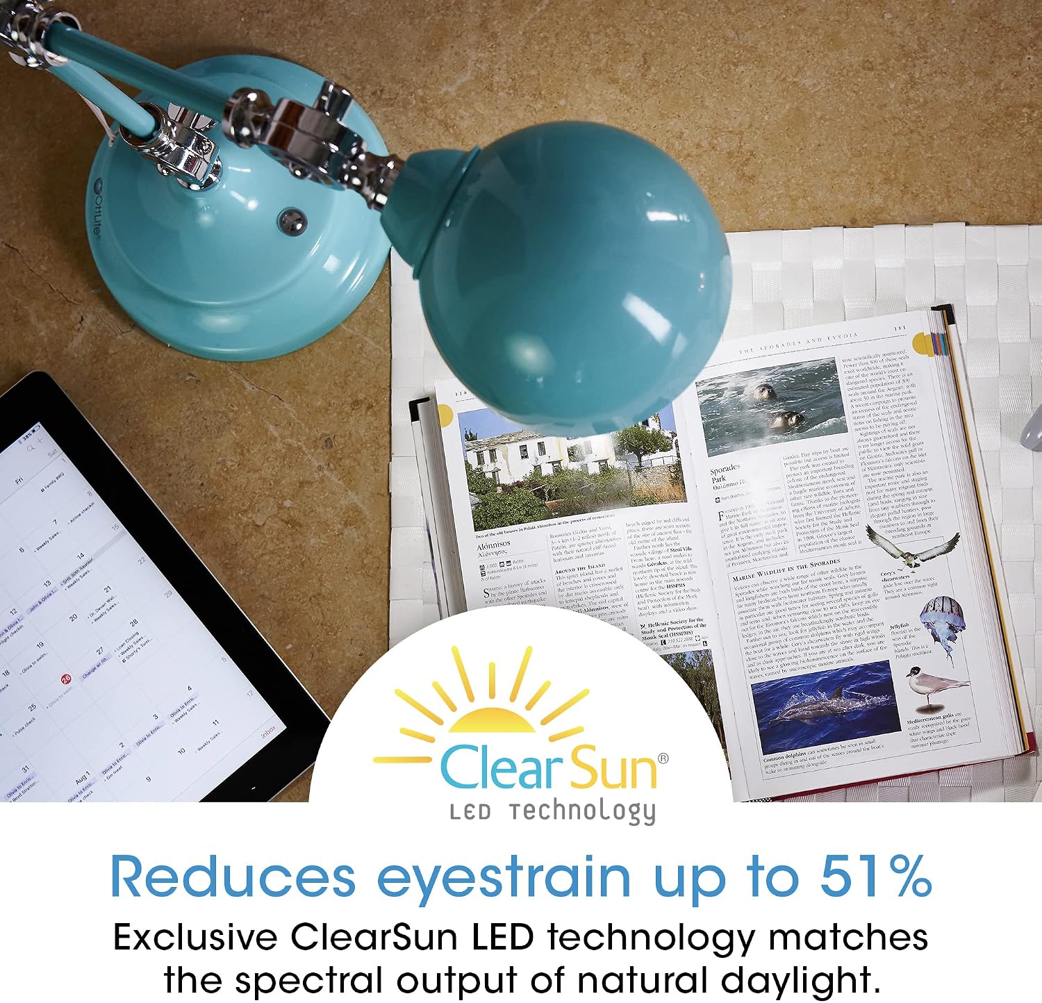 OttLite Revive LED Desk Lamp with ClearSun LED Technology, Turquoise – 3 Brightness Settings, Touch Activated Controls, USB Charging Port & 3 Adjustable Knobs for Precise Lighting - Great for Reading